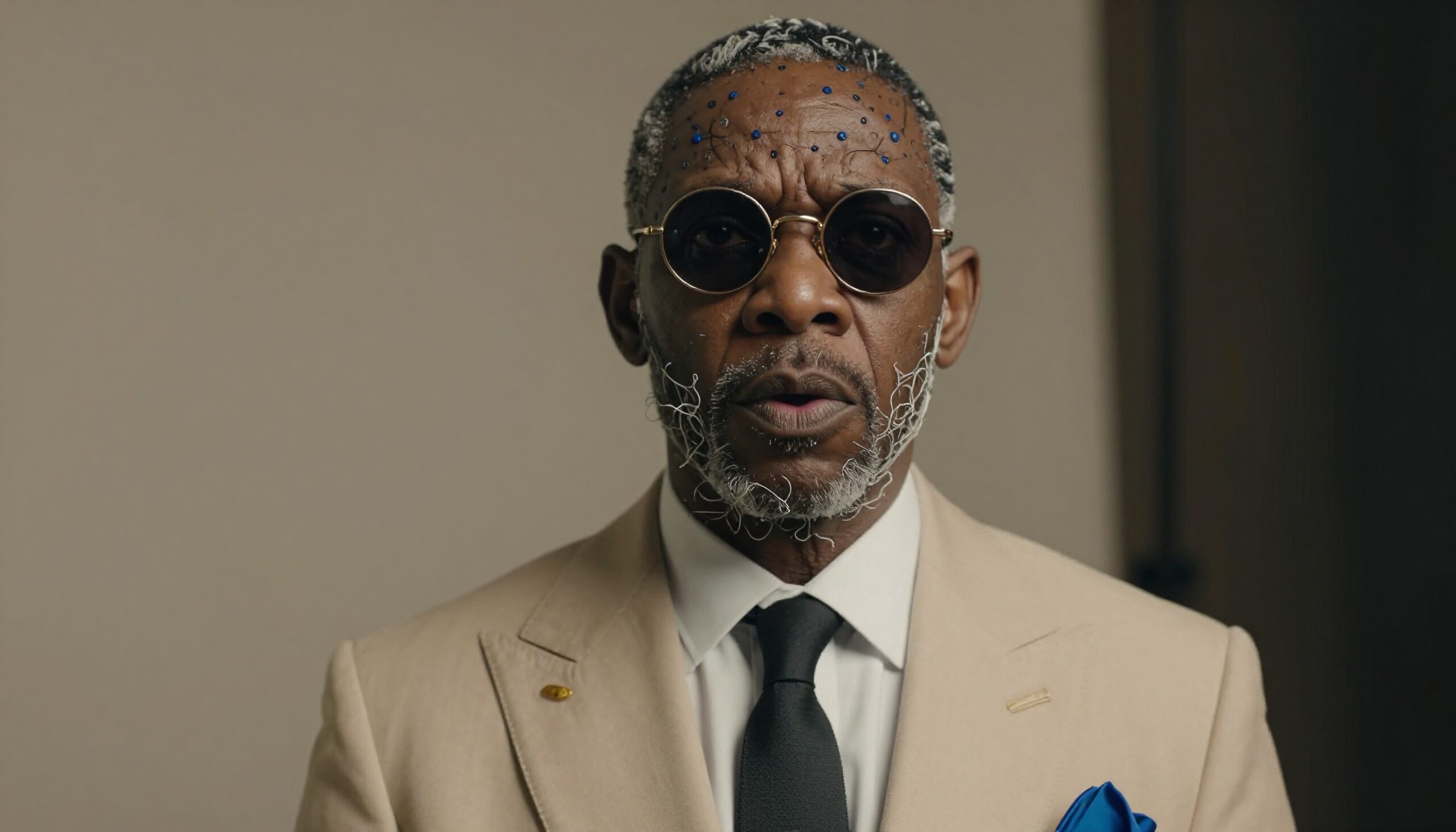 Elderly man in suit with intricate hairstyle and sunglasses.