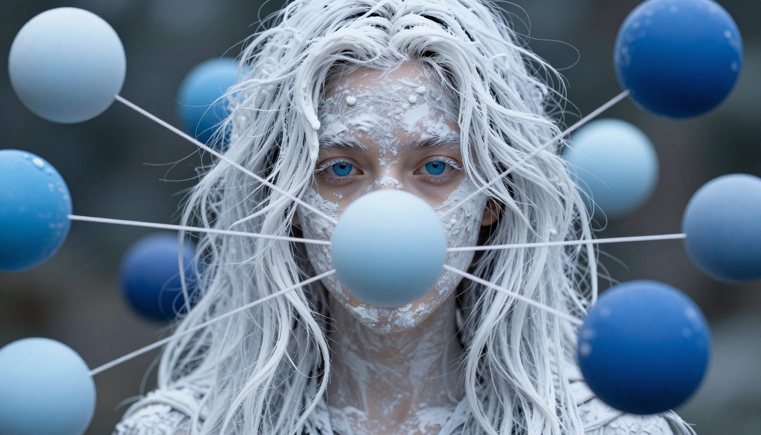 An ethereal face painted white and adorned with blue spheres.