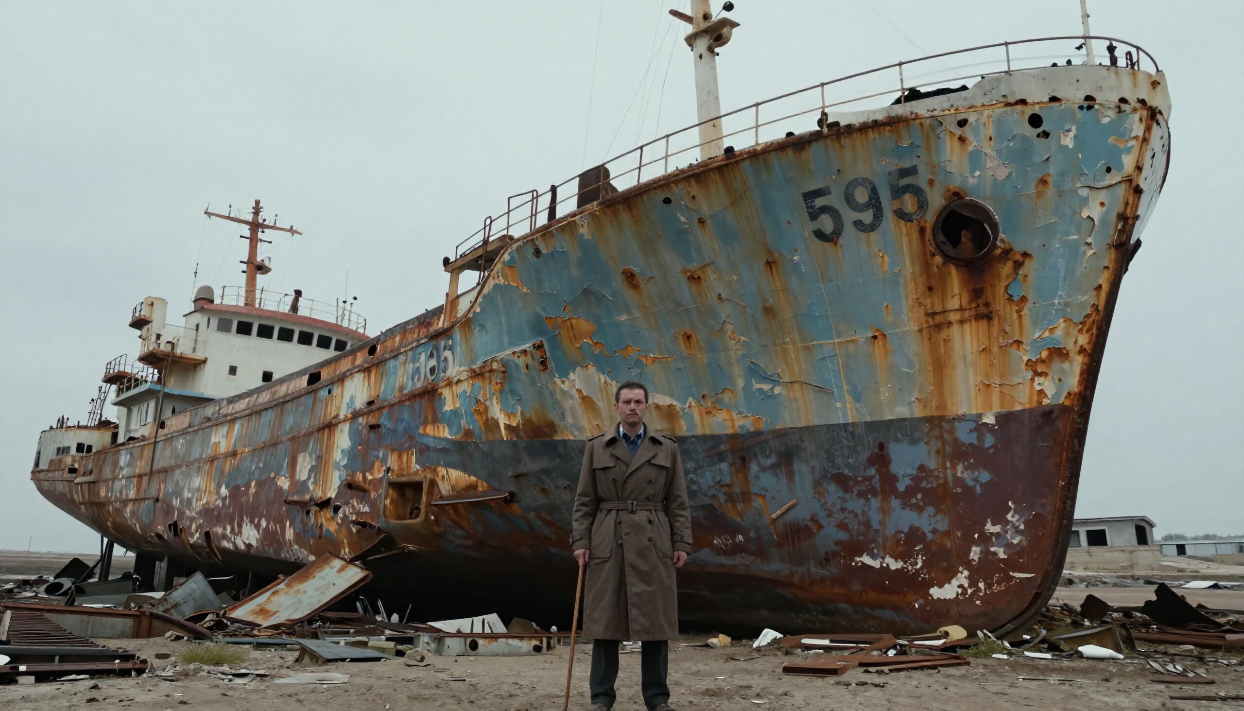 A large rusted ship grounded on land with a solitary figure in a trench coat holding a cane amidst scattered debris under an overcast sky.