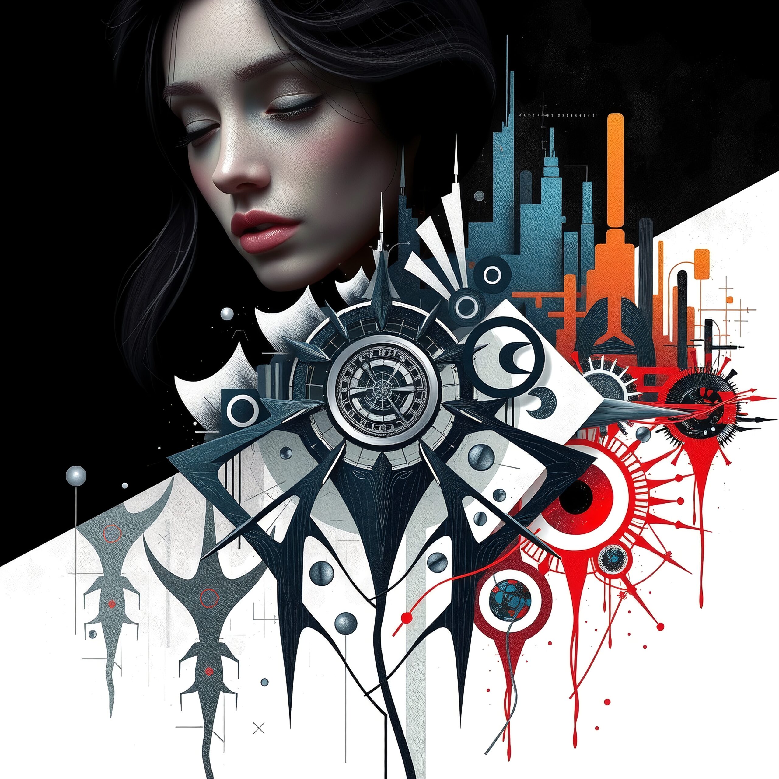 Digital artwork of a serene female face in an abstract, geometric, urban-futuristic setting with intricate patterns and vibrant colors.