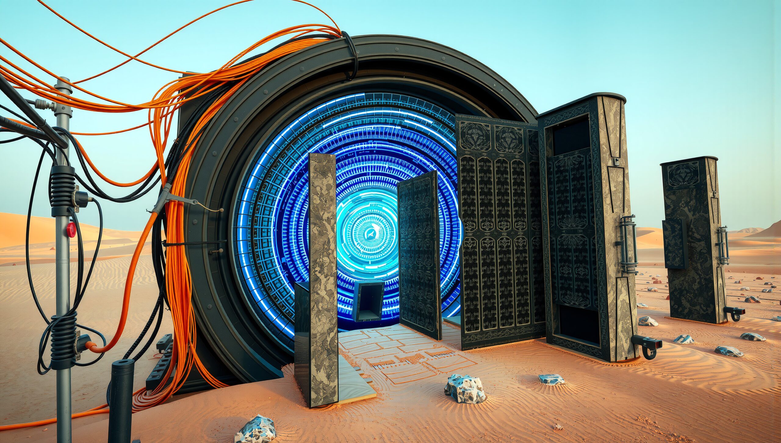 A futuristic portal in a desert setting with intricate blue lights and ornate pillars.
