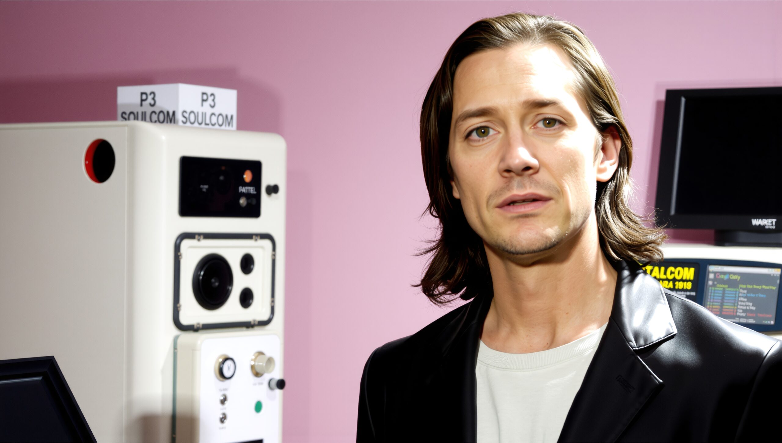 A man in a stylish leather jacket stands beside retro technology, in a room with pink walls and a digital monitor.