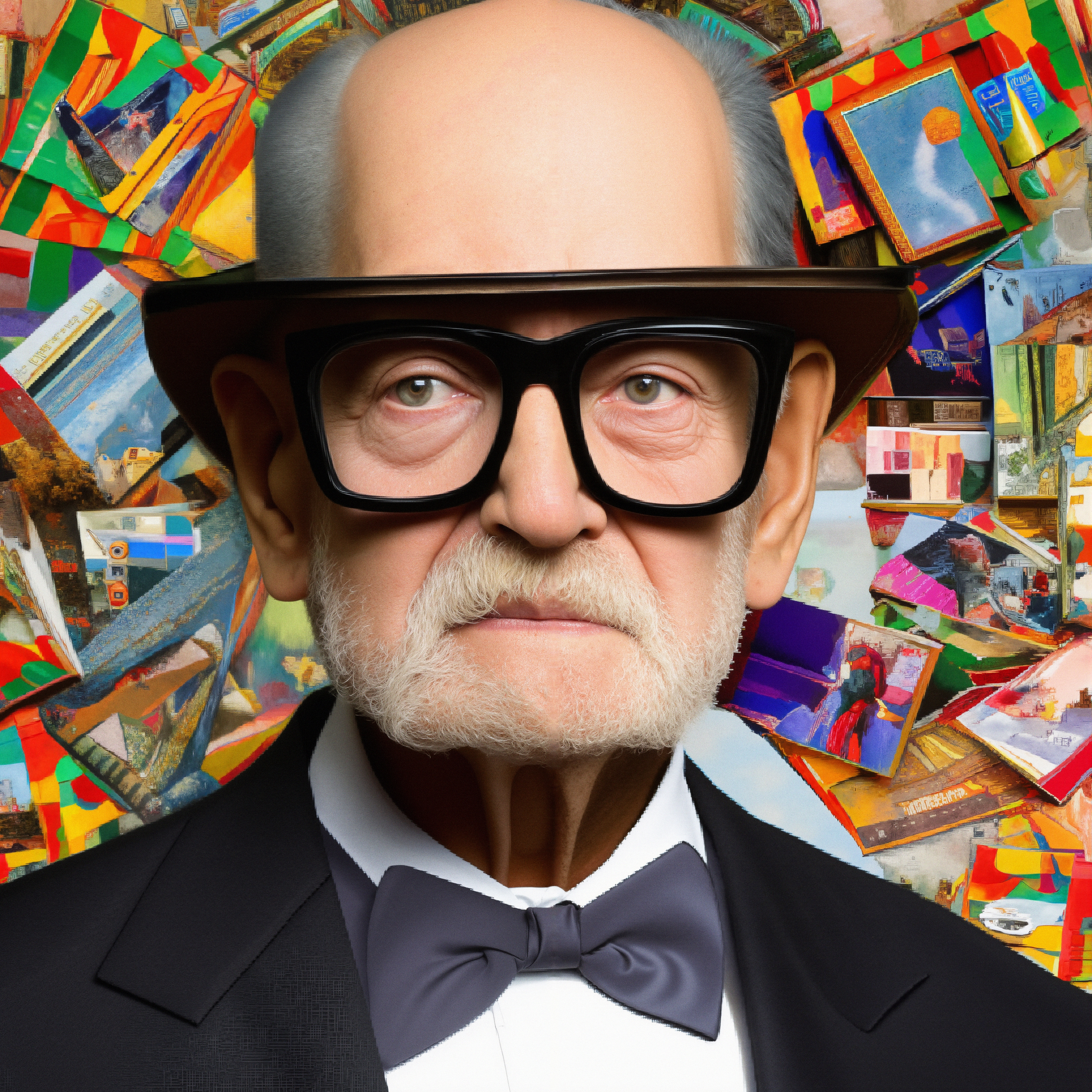 A distinguished gentleman in formal attire with vibrant abstract art background.