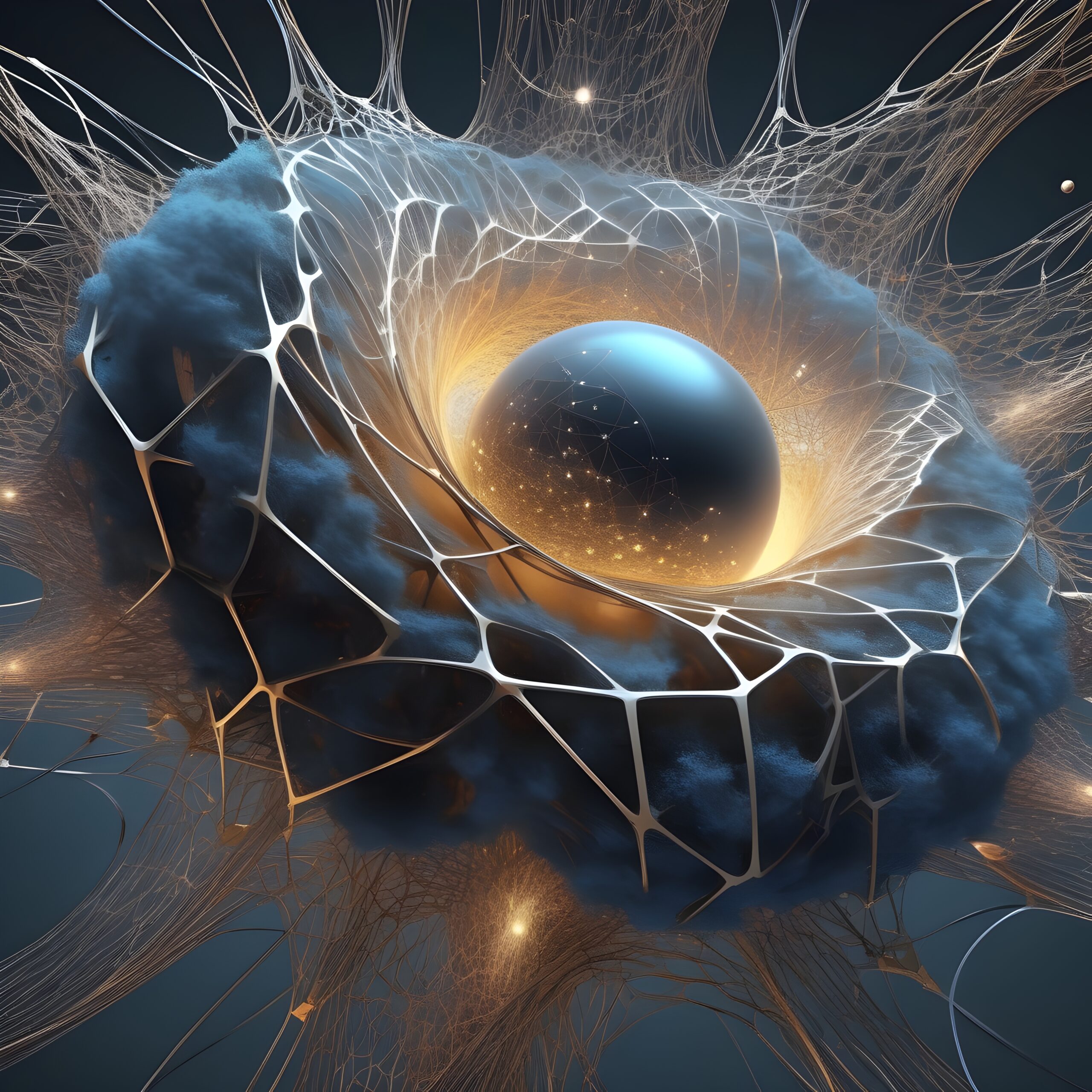 Futuristic orb encased in intricate network mesh with glowing lights.