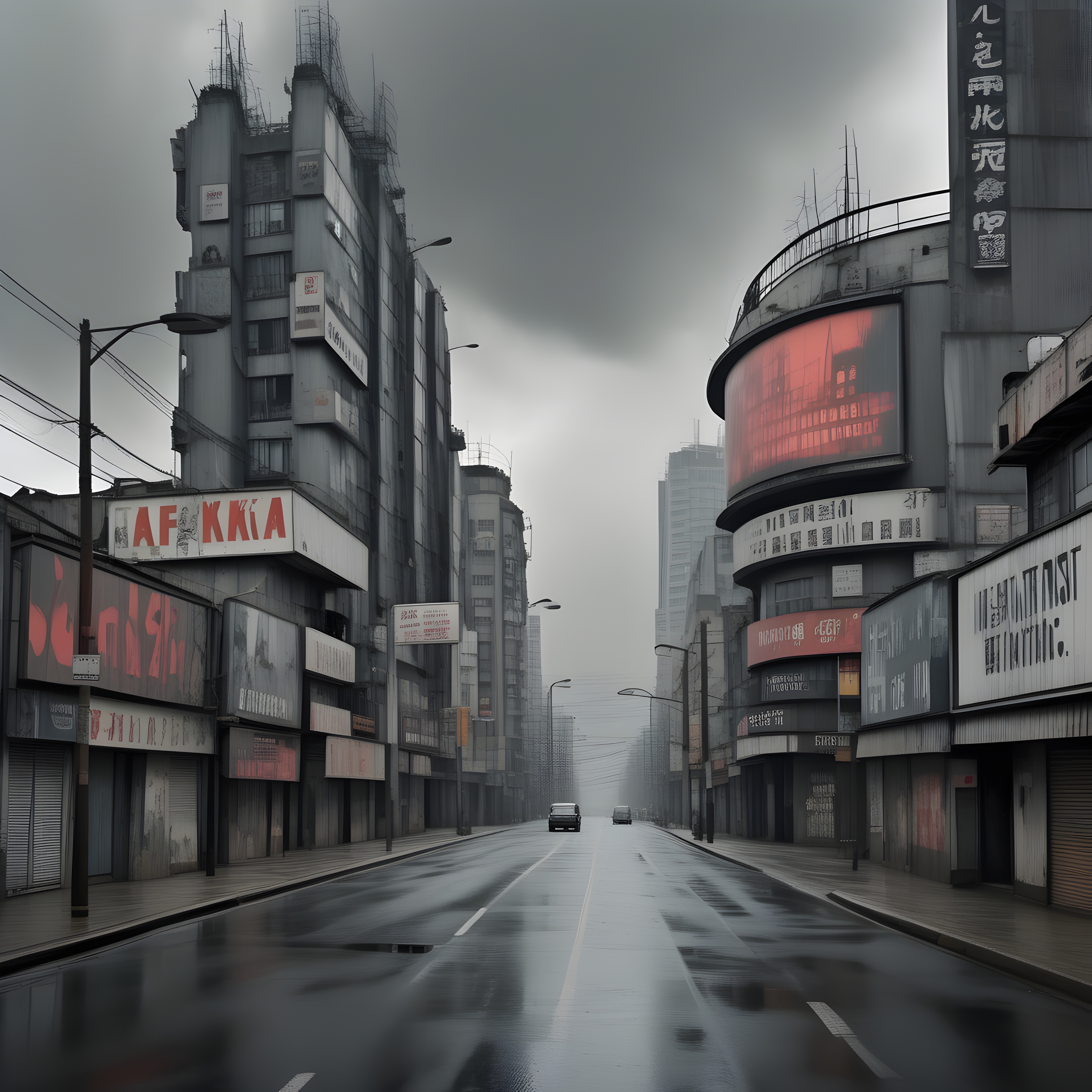 Dystopian Cityscape with Neon Signs and Rain