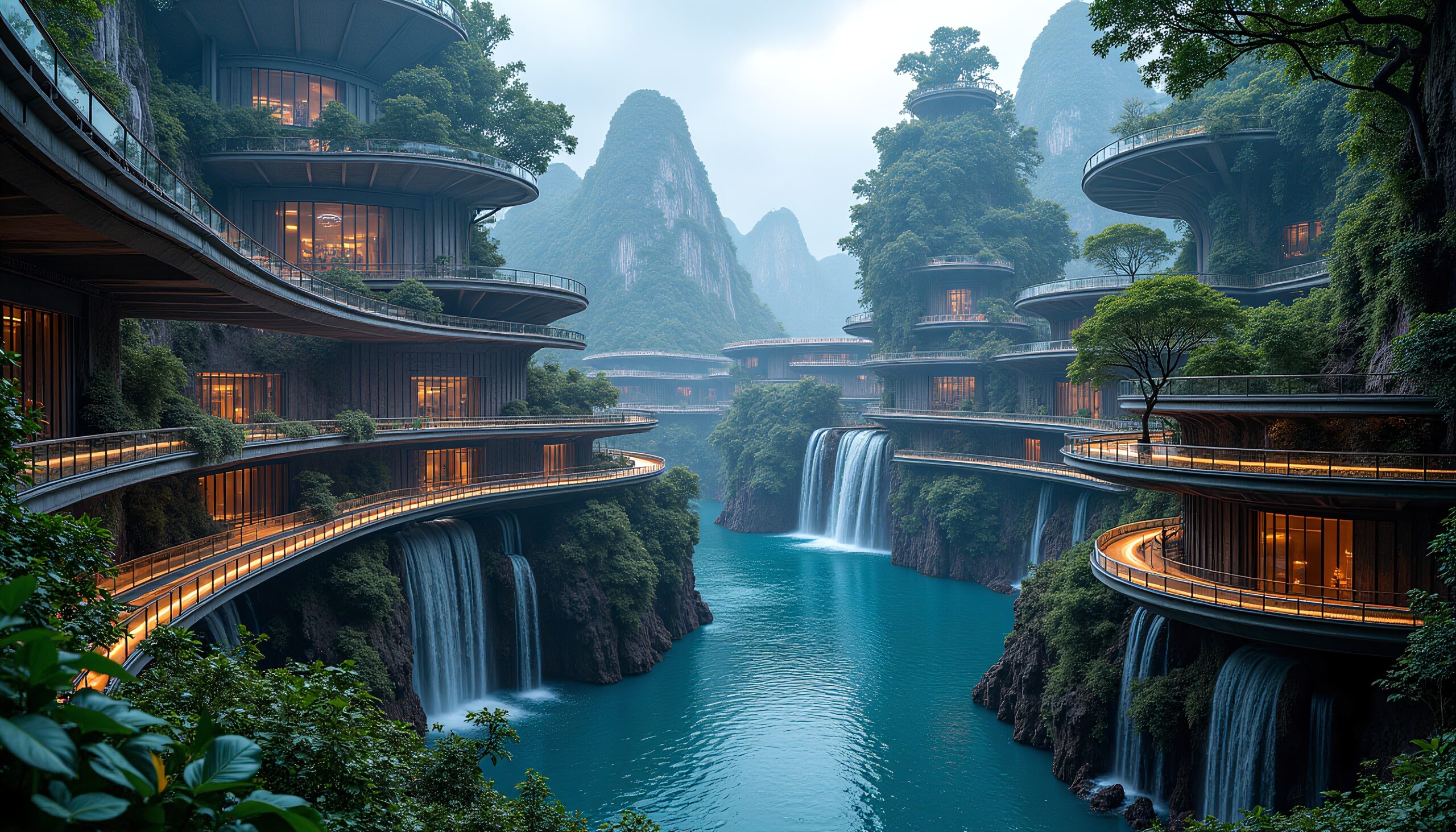 Futuristic structures with waterfalls, nestled in lush mountains.