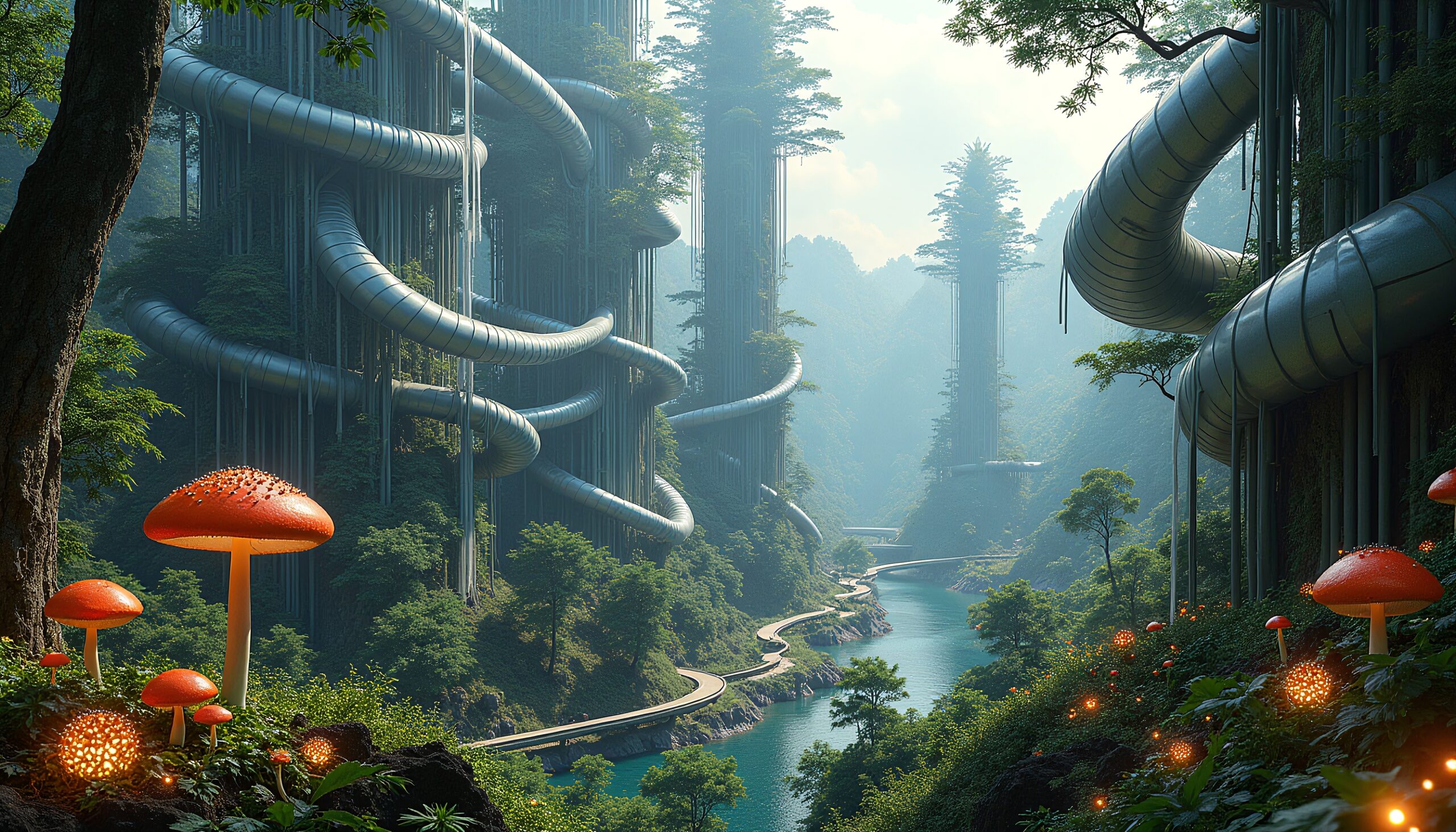 A futuristic forest landscape with tall cylindrical structures, winding tubes, a river, glowing mushrooms, and lush greenery.