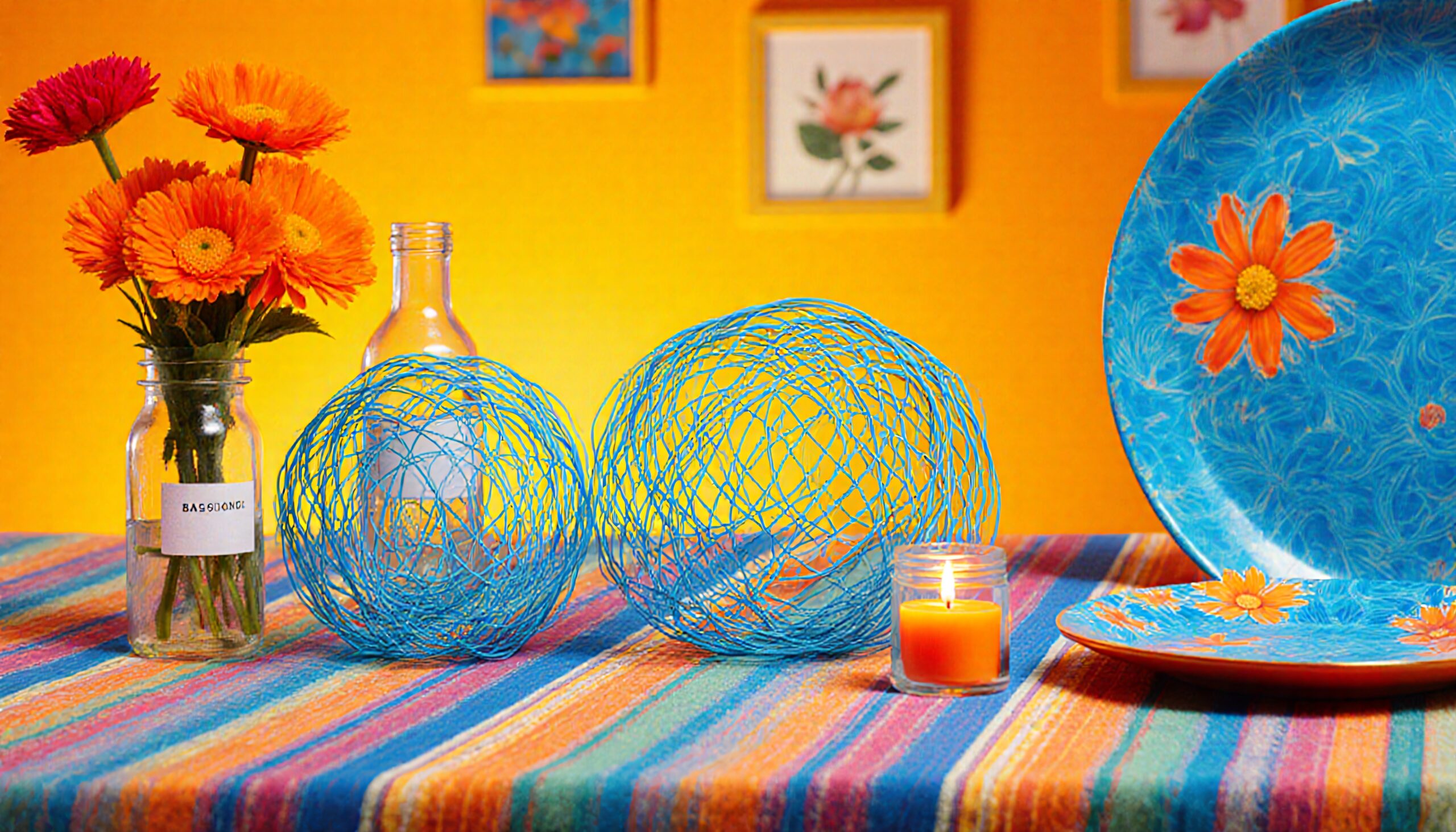 Vibrant flowers and decor on colorful table setting with warm yellow background.