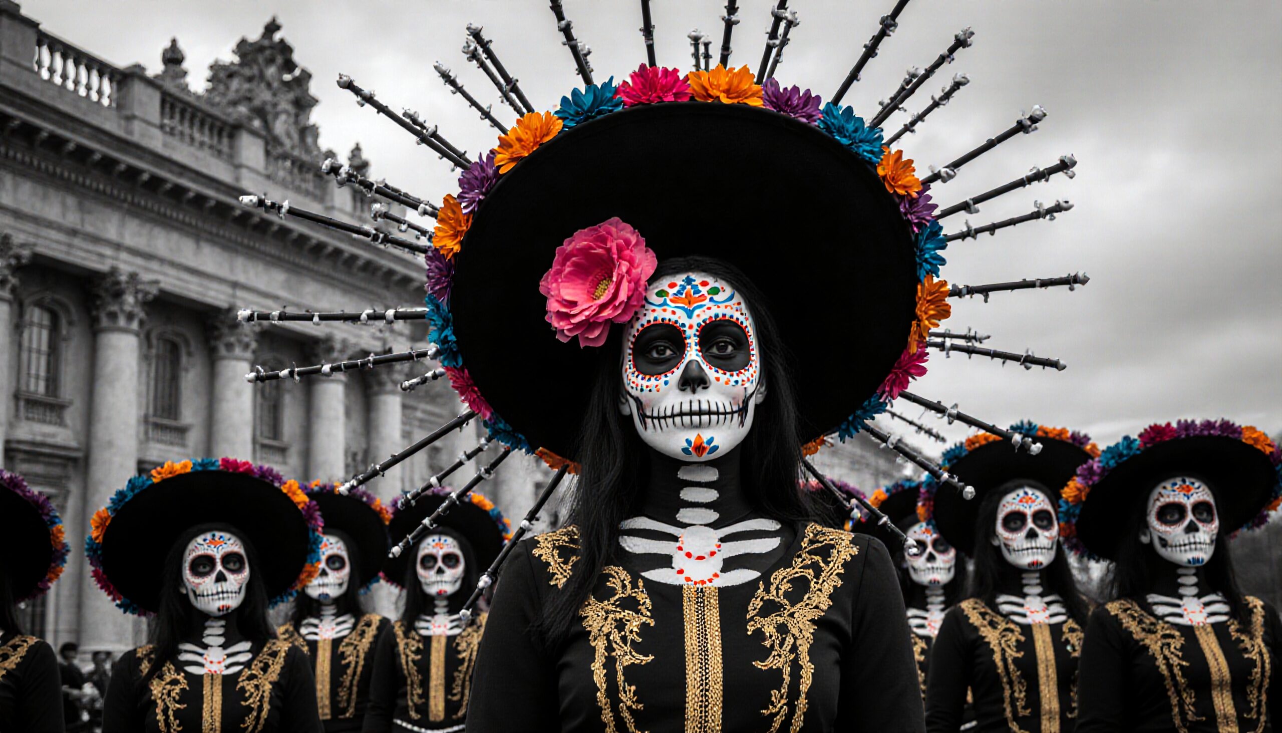 People in Day of the Dead attire with colorful sugar skull makeup and floral-adorned sombreros in procession.
