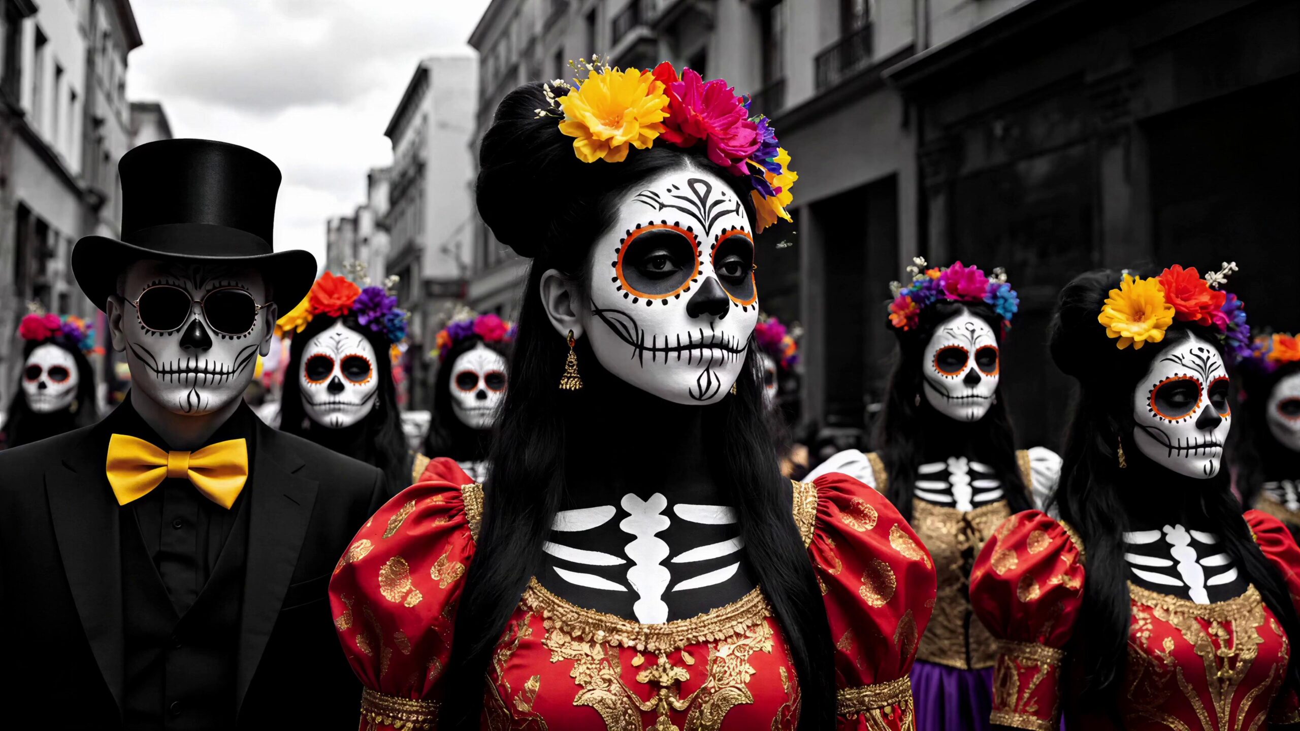 Day of the Dead festival participants marching in decorated costumes