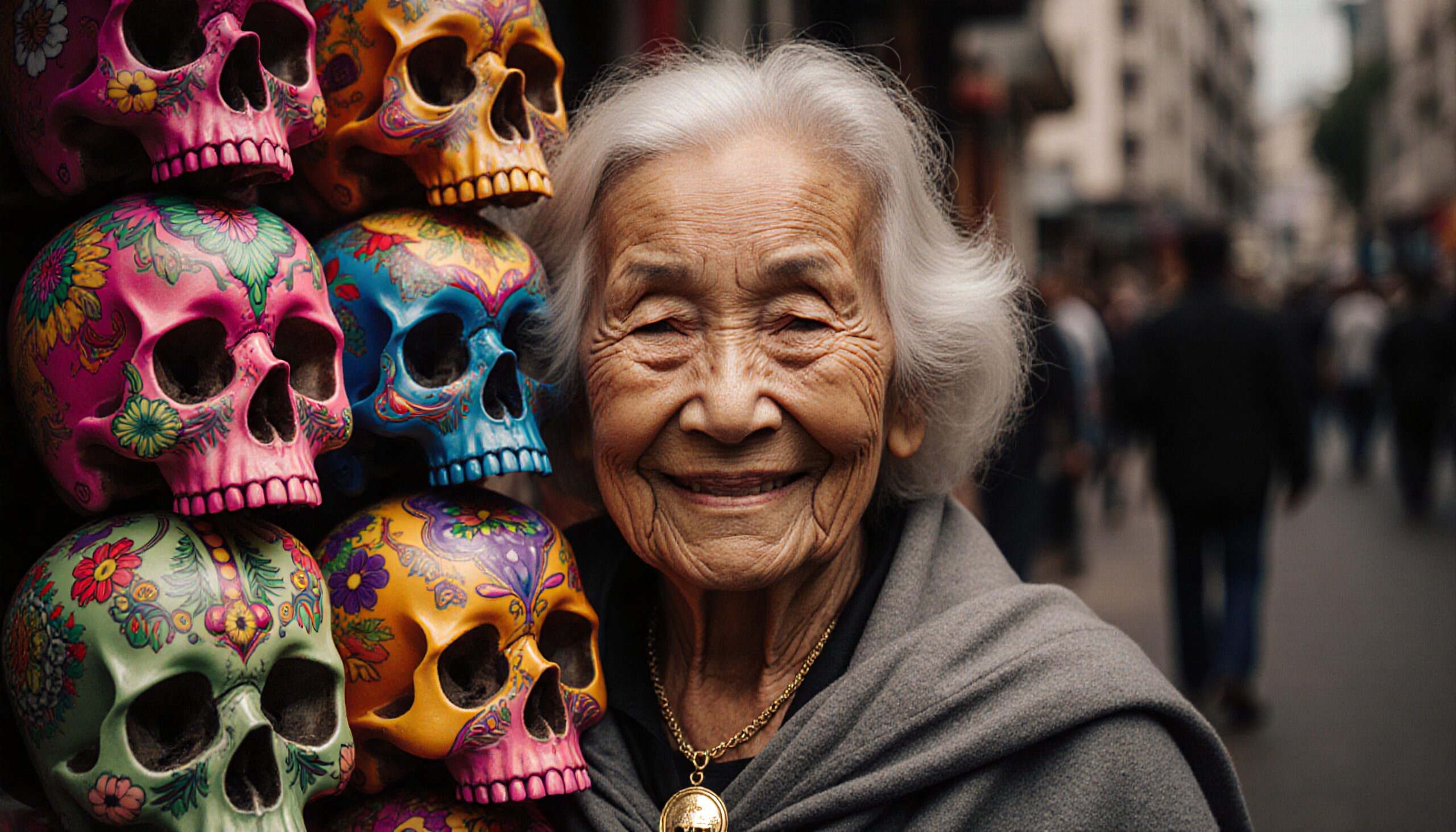 Elderly woman smiling beside vibrant, decorative skulls on city street.