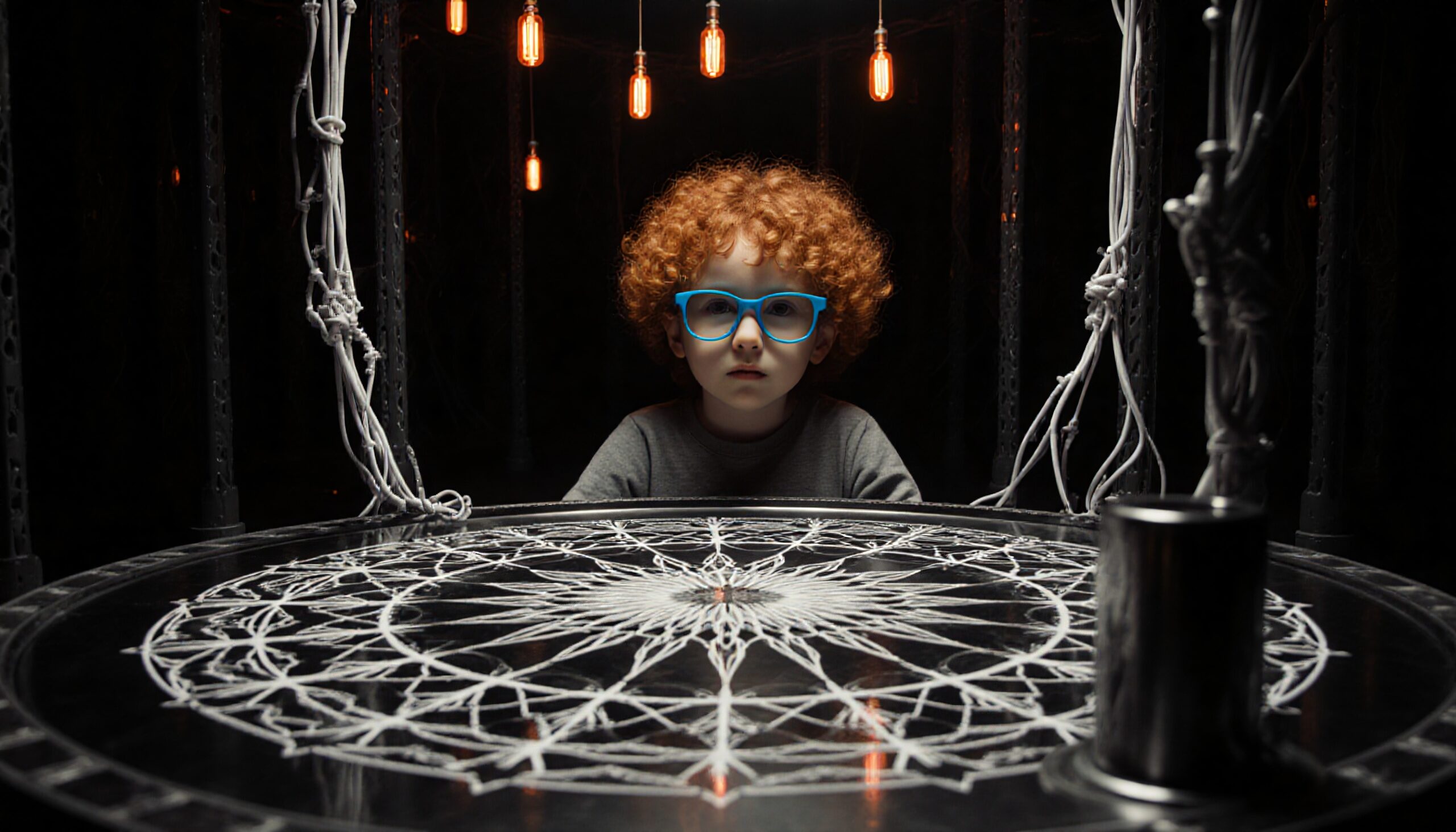 A young child with curly red hair wearing blue glasses sits at a round table with intricate string art, under warm, vintage-style lights.