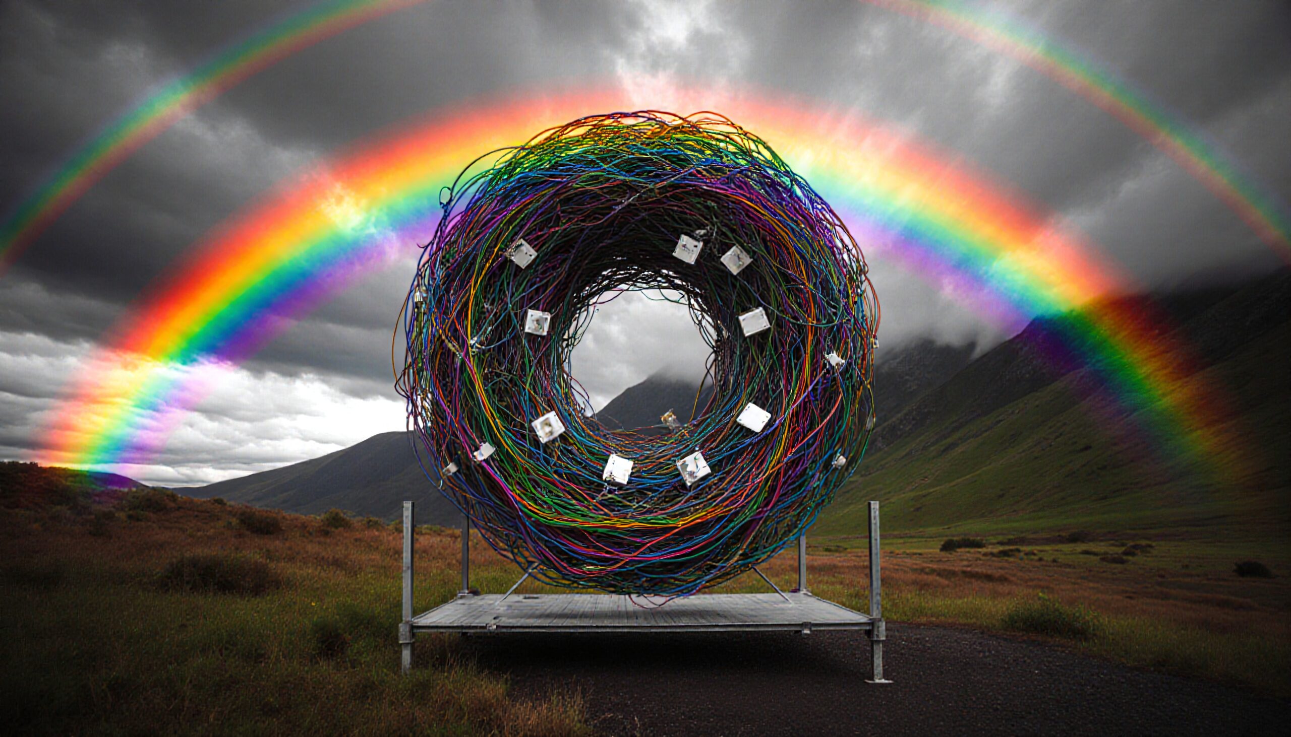 Colorful cable sculpture with rainbows in dramatic landscape.