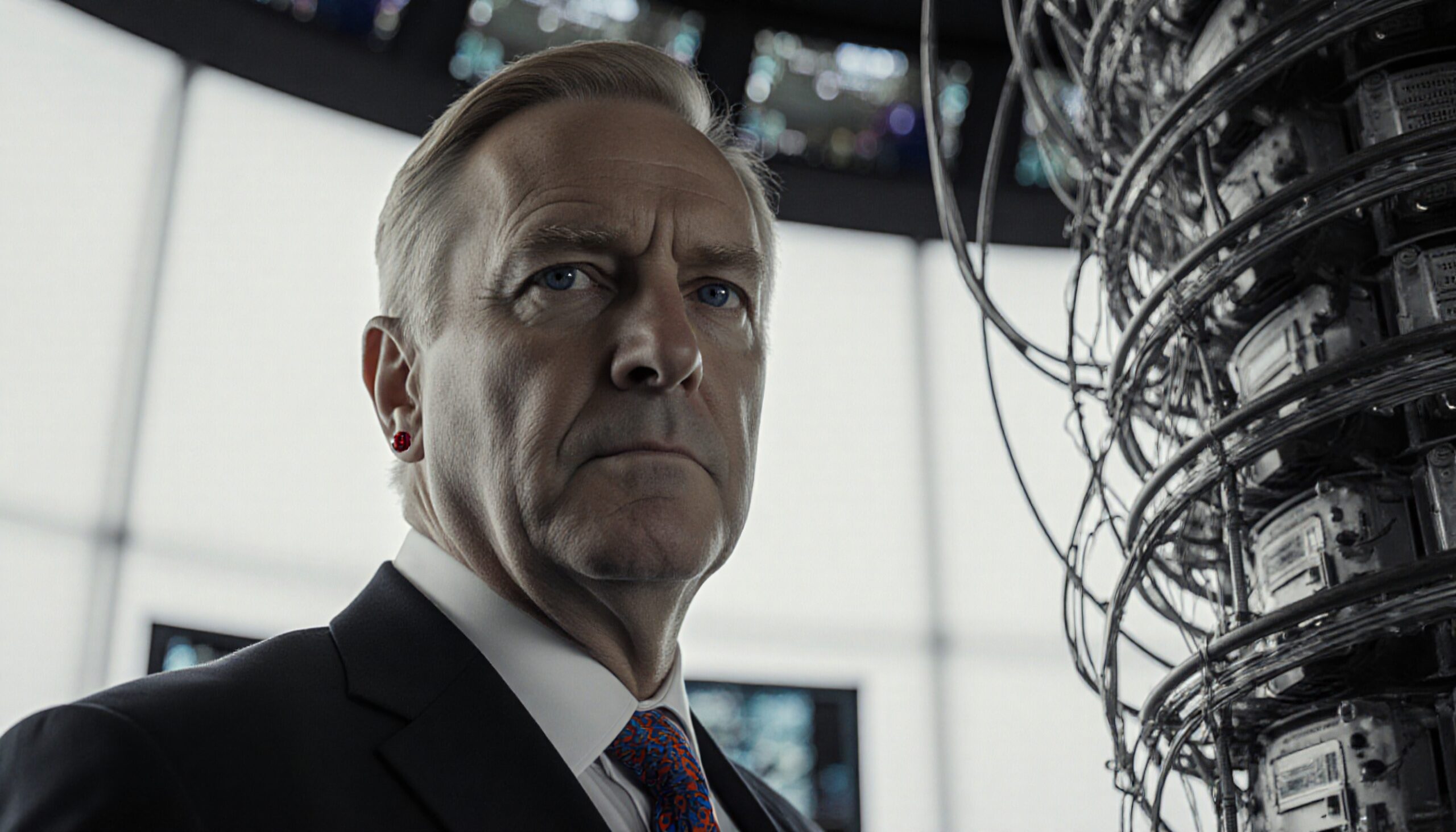 A man in a suit stands in a high-tech setting with intricate machinery and bright lighting.