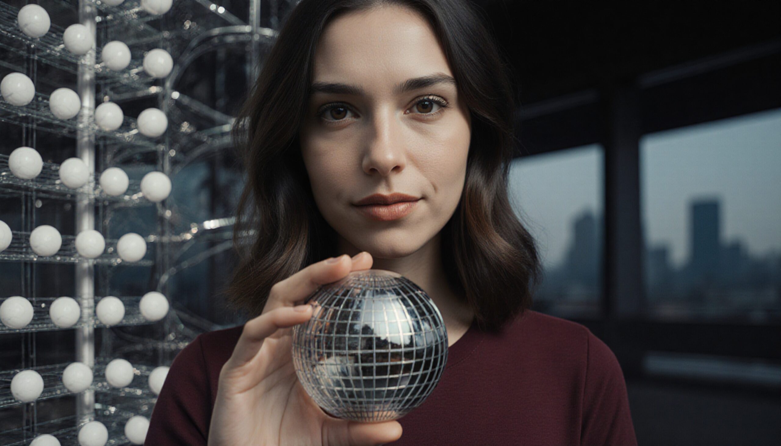 Portrait of a woman holding a reflective sphere, with a cityscape background and geometric elements.