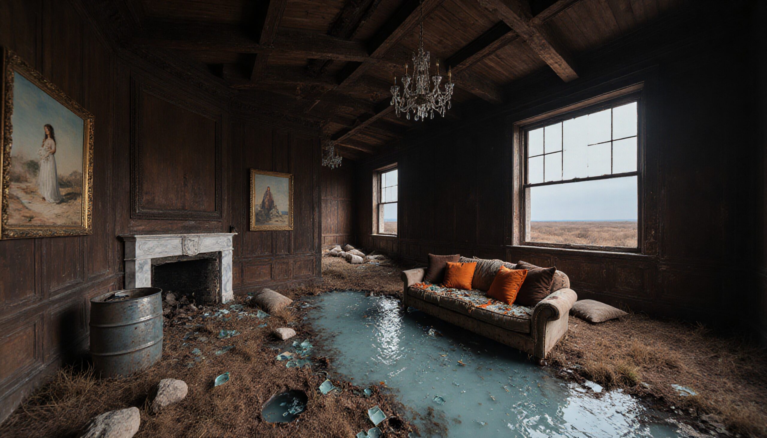 Abandoned room with couch, chandelier, and mud.