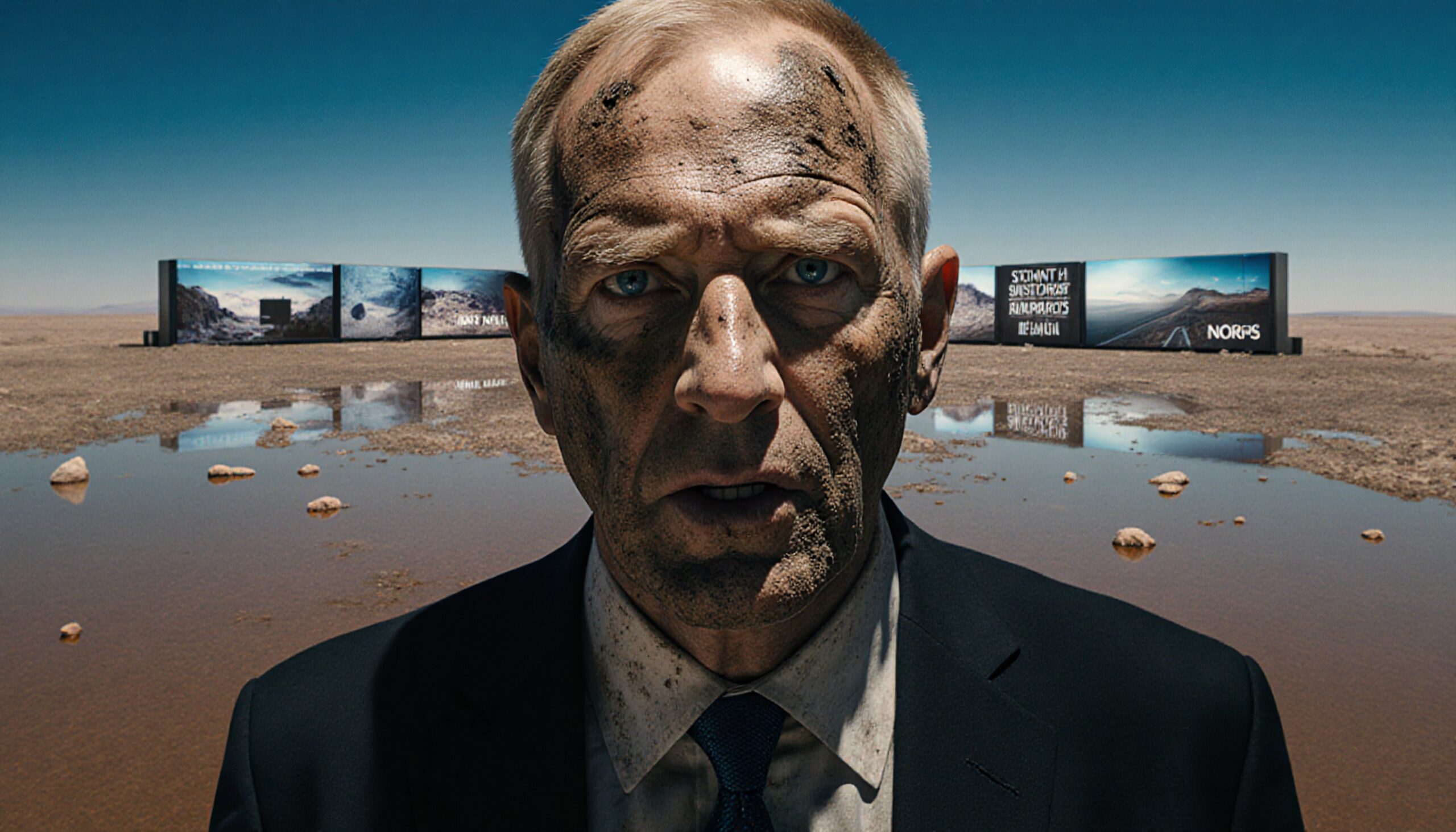 A man stands in a desolate landscape with billboards.