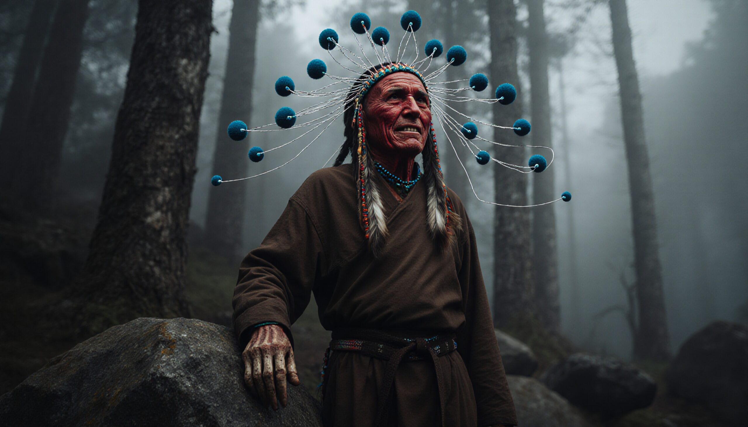 An elderly man in a forest wearing a cultural headdress with blue spheres in a foggy setting.