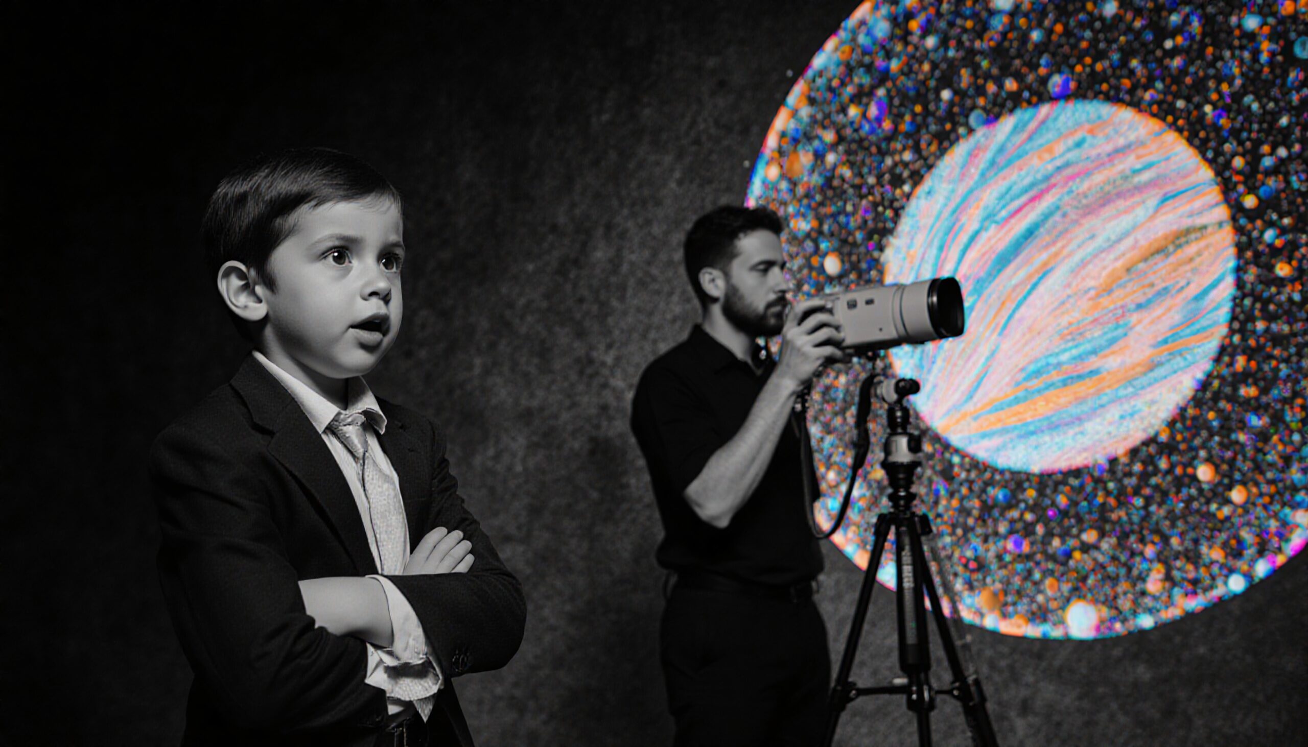 A young boy in a suit stands intrigued beside a photographer as a vibrant cosmic pattern is projected in the background.