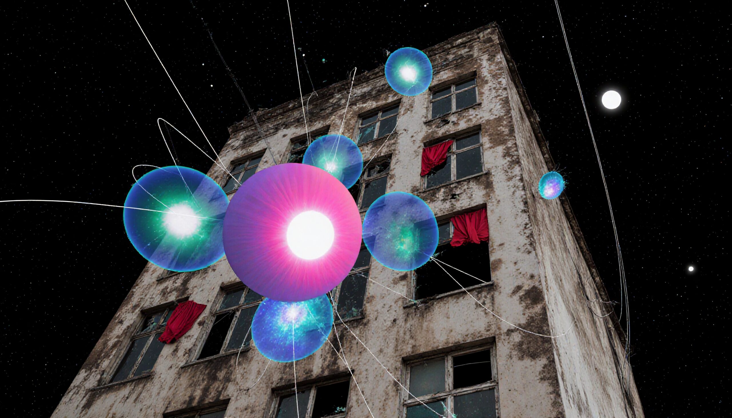 Luminous orbs float above a weathered building under a starry night sky, creating a surreal and cosmic atmosphere.