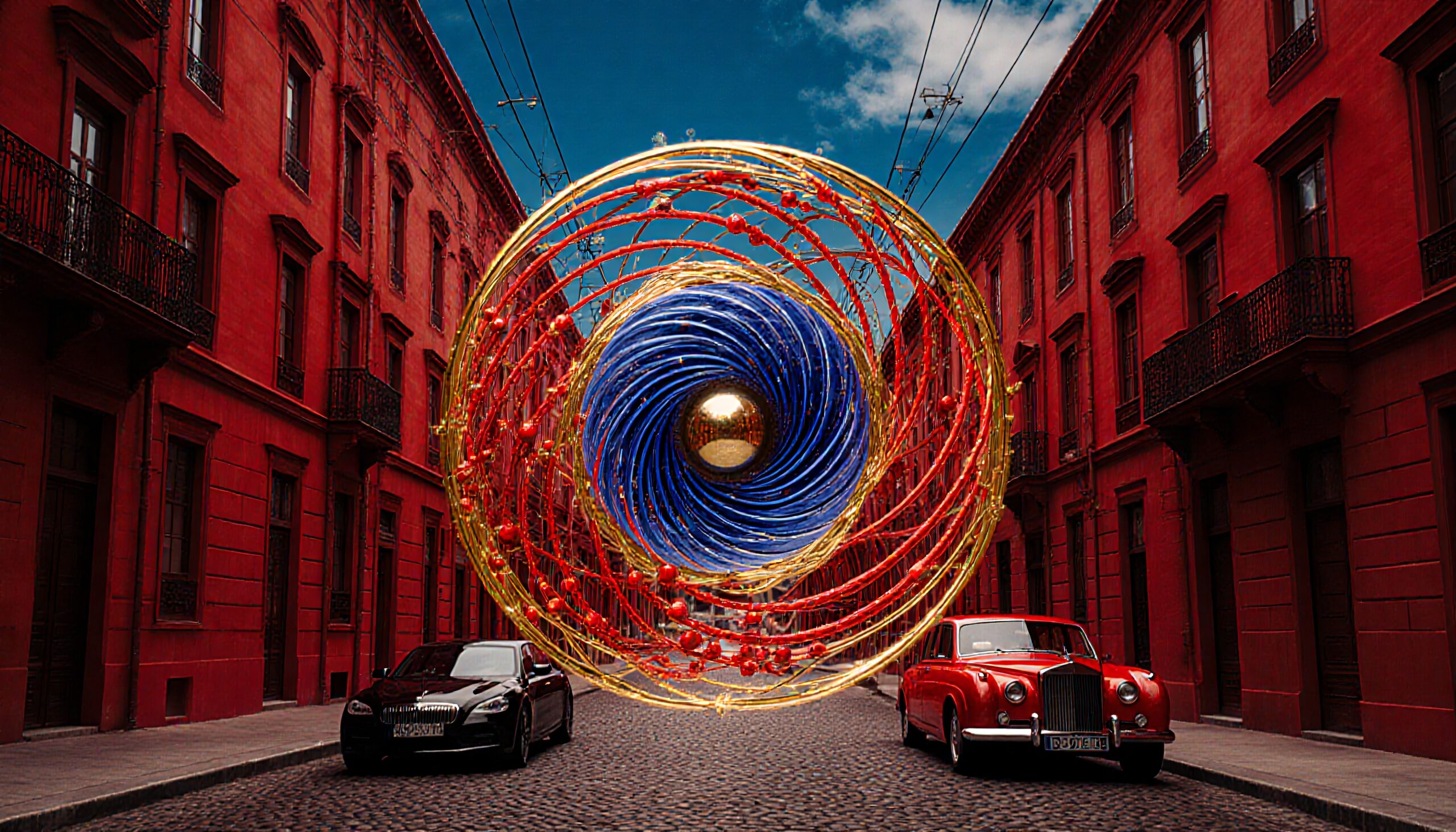 A surreal vortex with cars on a red-brick street.