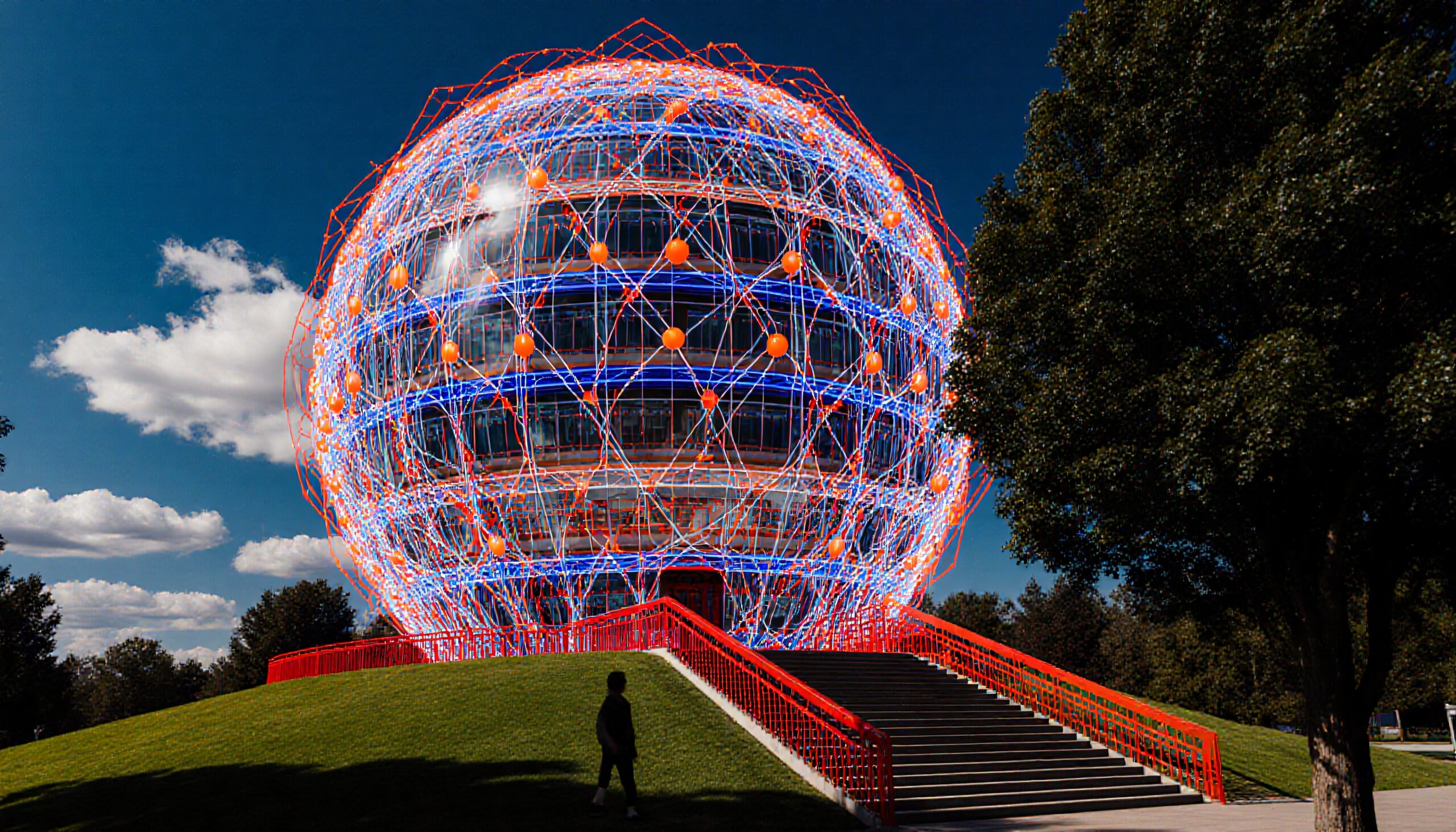 A futuristic spherical structure with neon lights and red stairs against a blue sky.