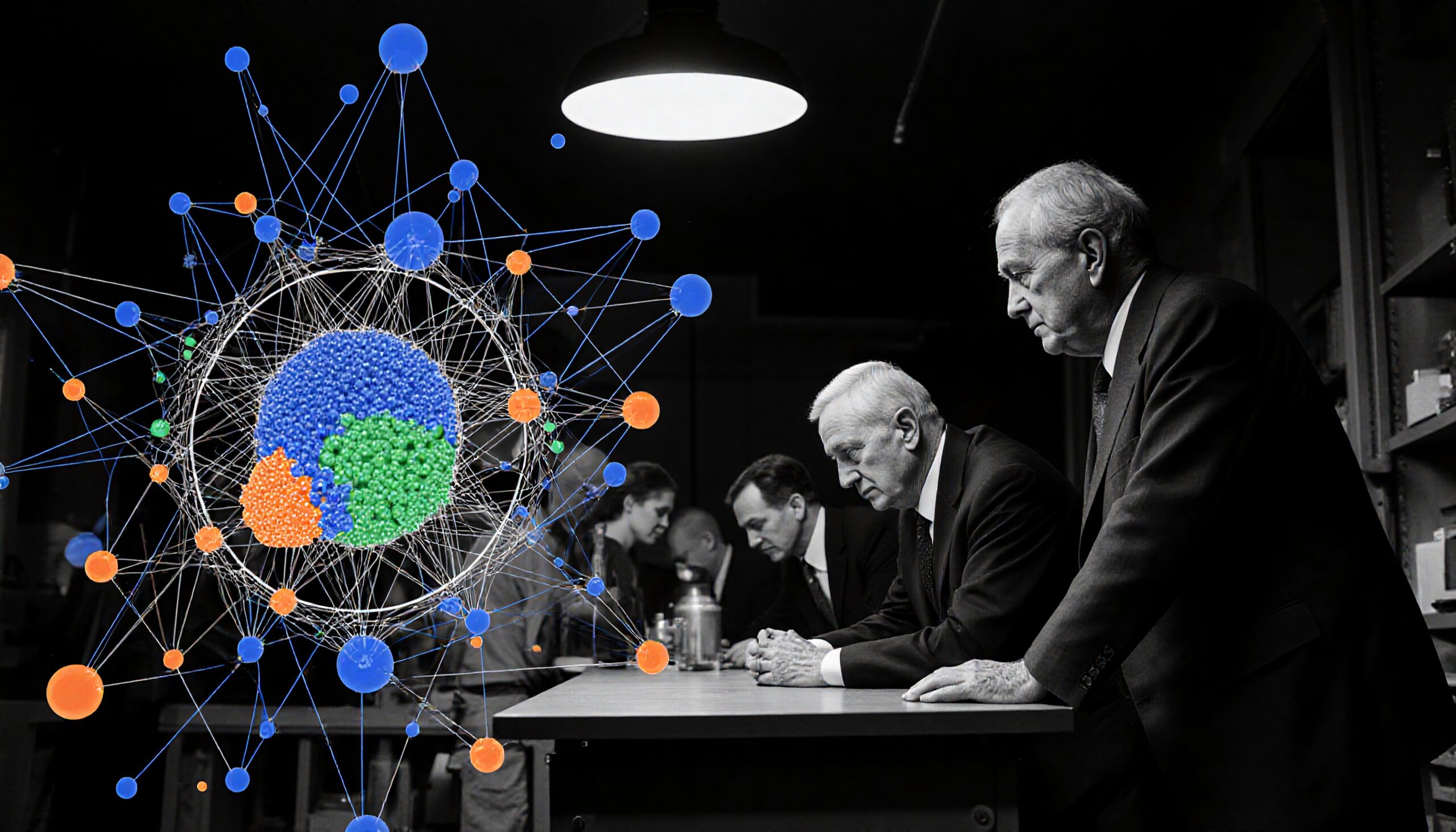 A group in formal attire gathers around a table, with colorful, abstract network nodes in the foreground, symbolizing a blend of technology and human strategy.