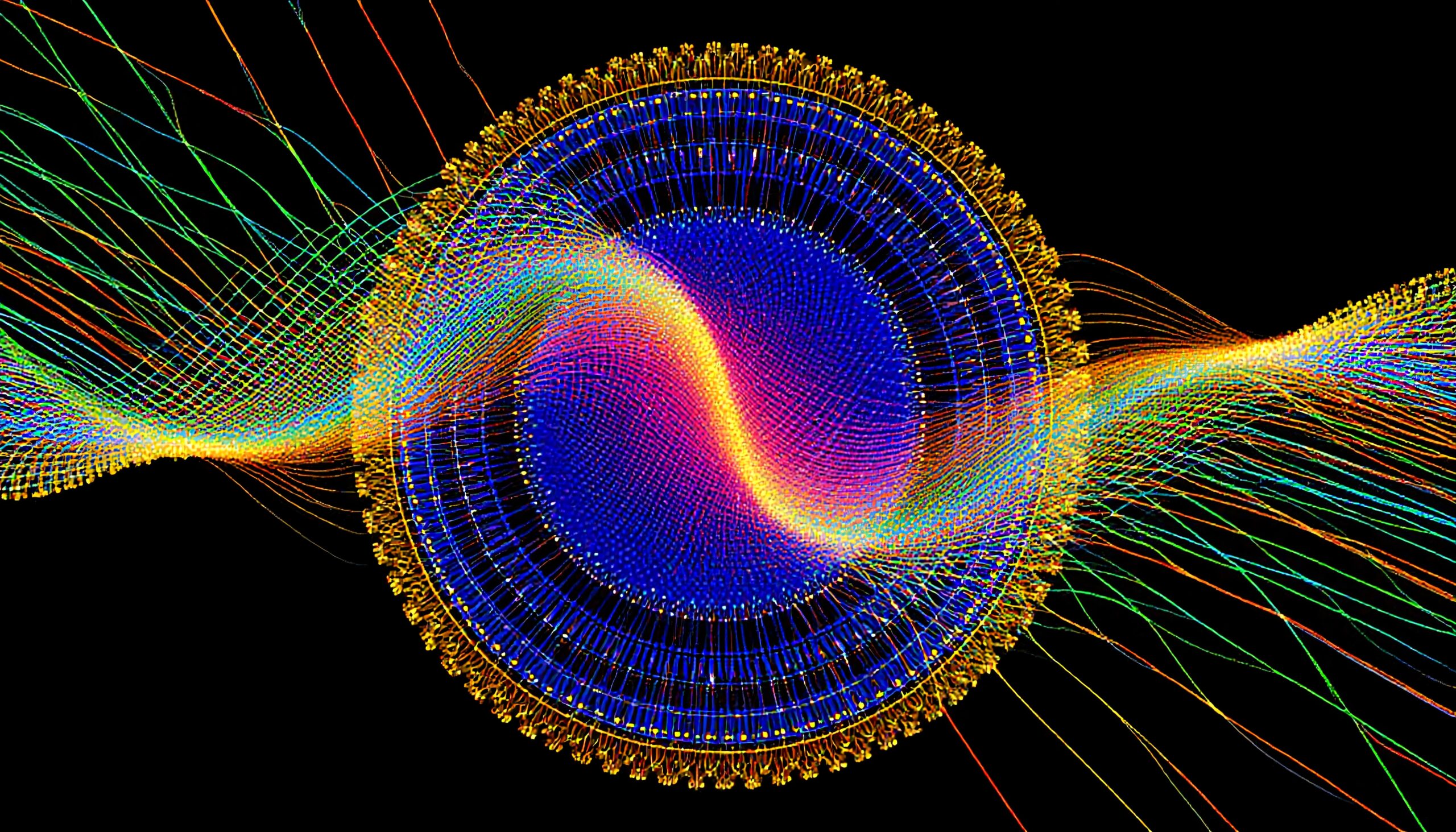 A vibrant abstract design featuring colorful, swirling patterns against a dark background, evocative of cosmic energy.