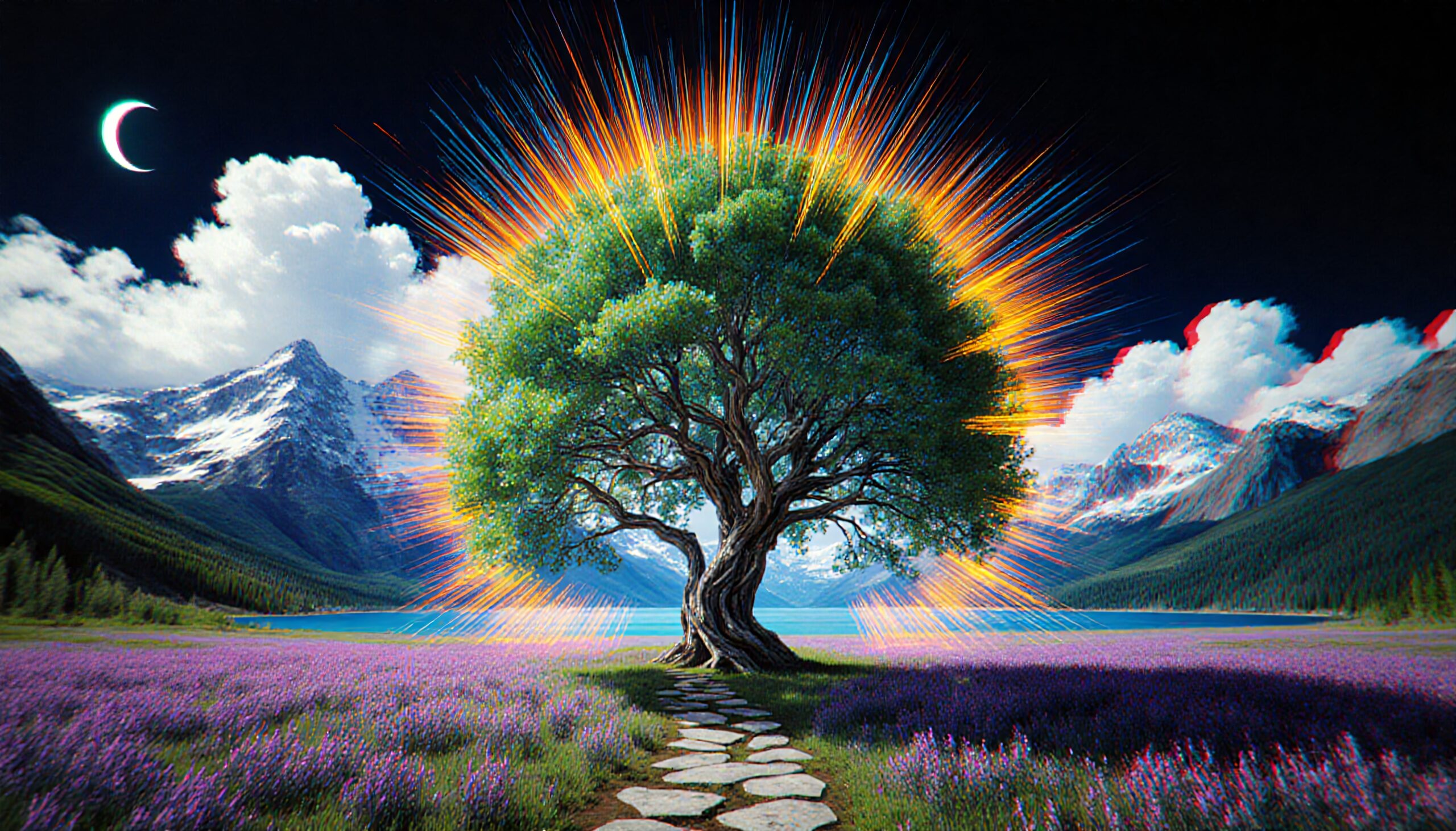 A majestic tree radiates vibrant colors, standing amid purple flower fields with a mountainous backdrop.
