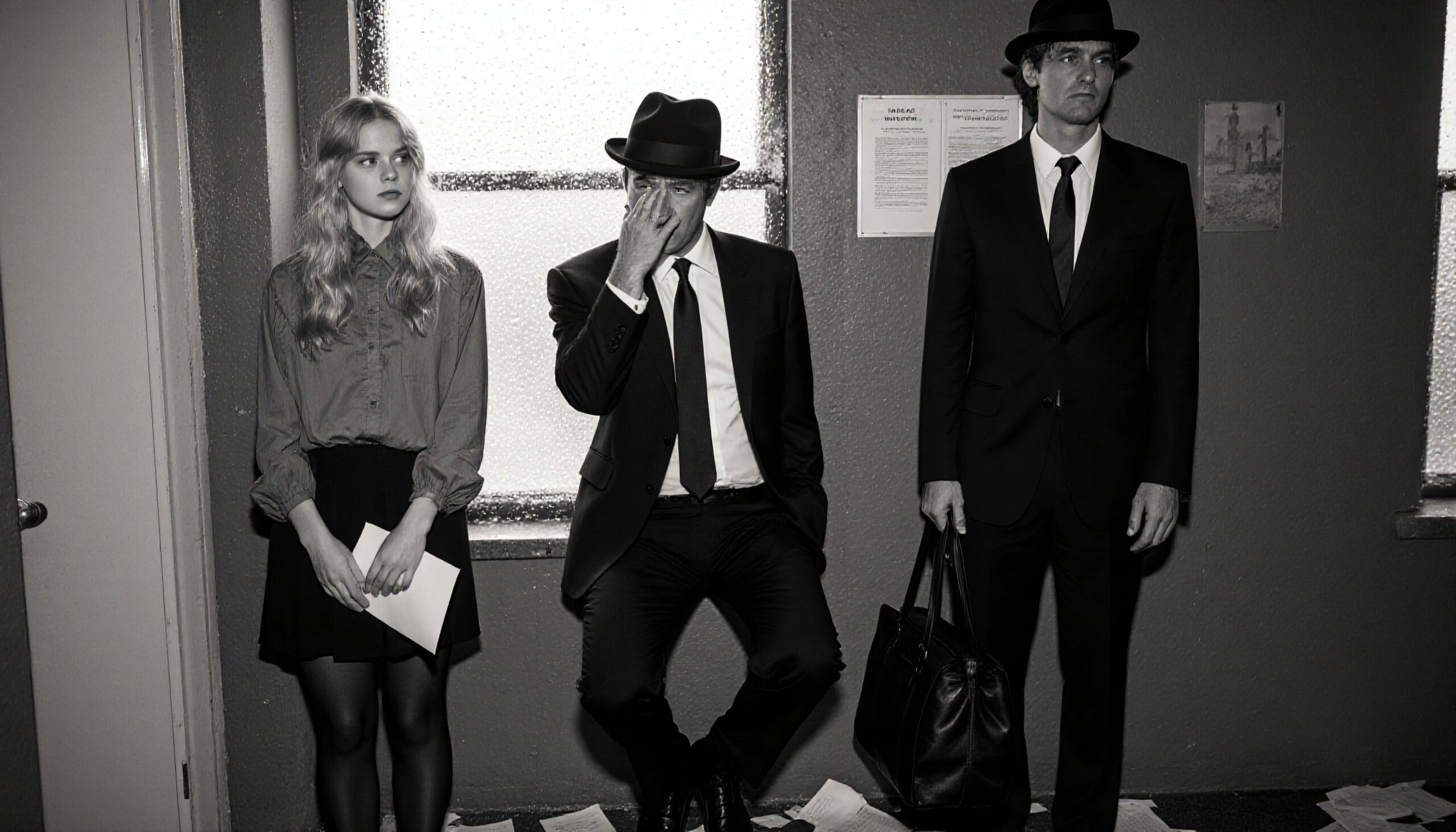 Black and white photo of three vintage-dressed people in a small room, evoking a film noir style.