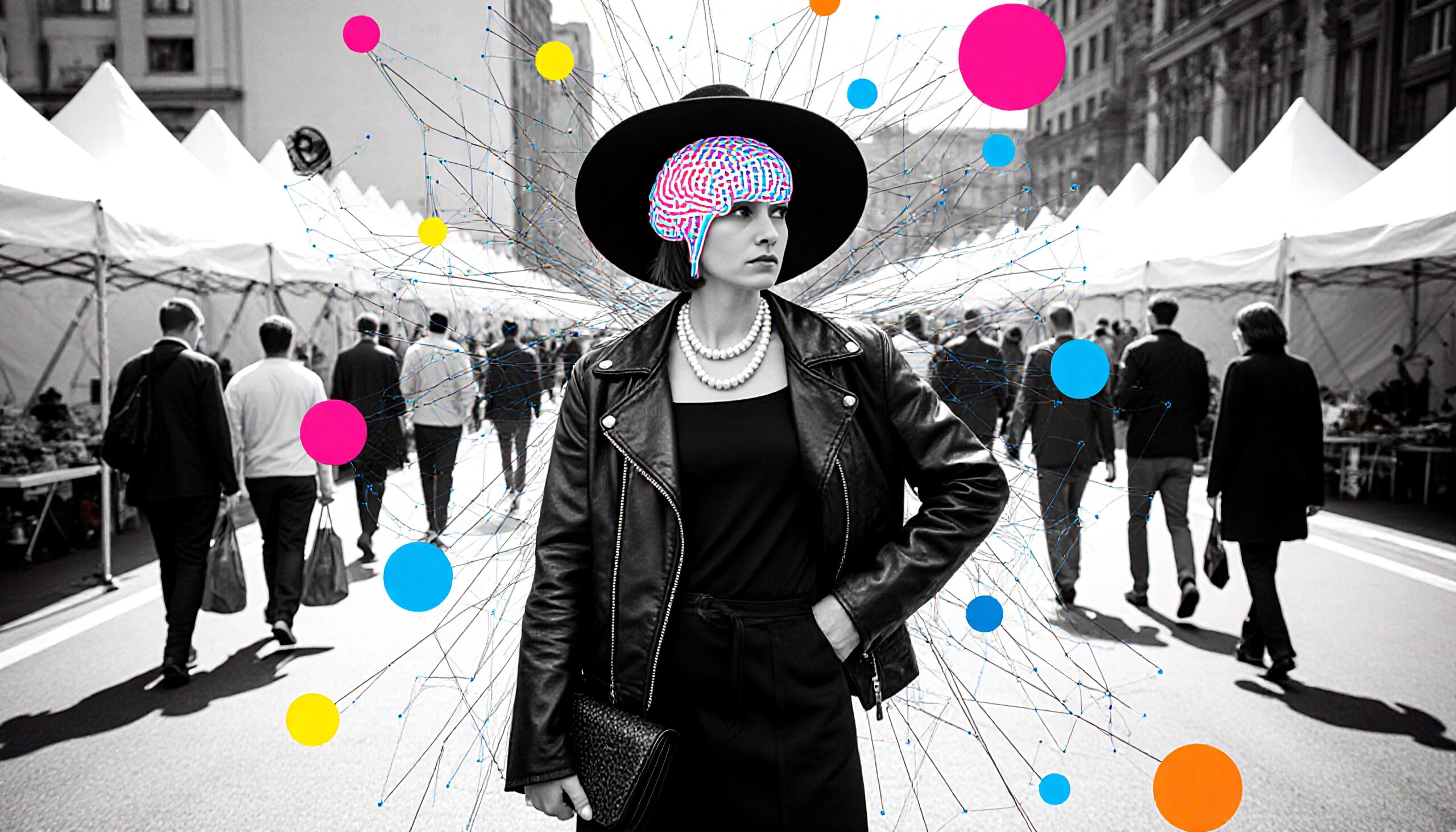 Stylish woman in market setting, blending fashion and technology with digital elements.