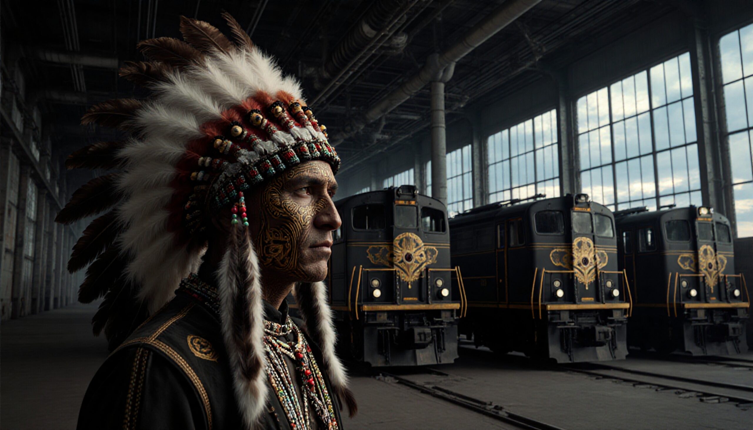 A person in traditional headdress stands near decorated trains in an industrial setting.