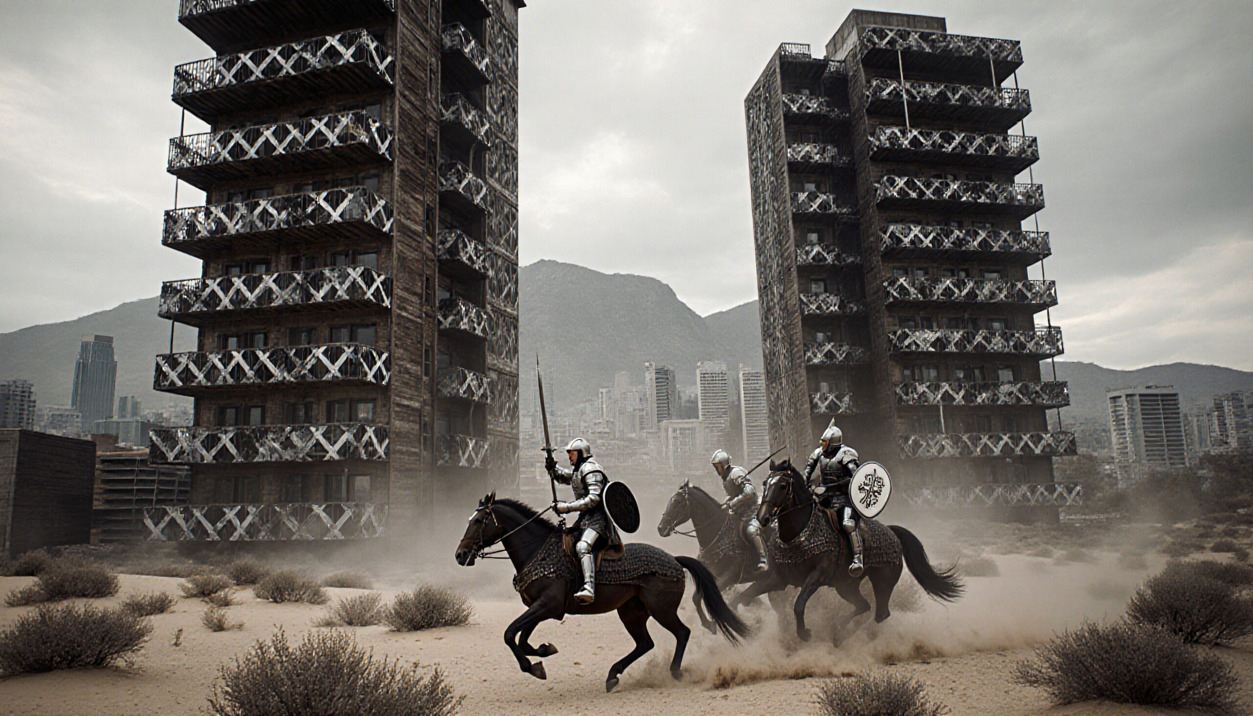 Knights in armor riding through a desert landscape with modern skyscrapers in the background.