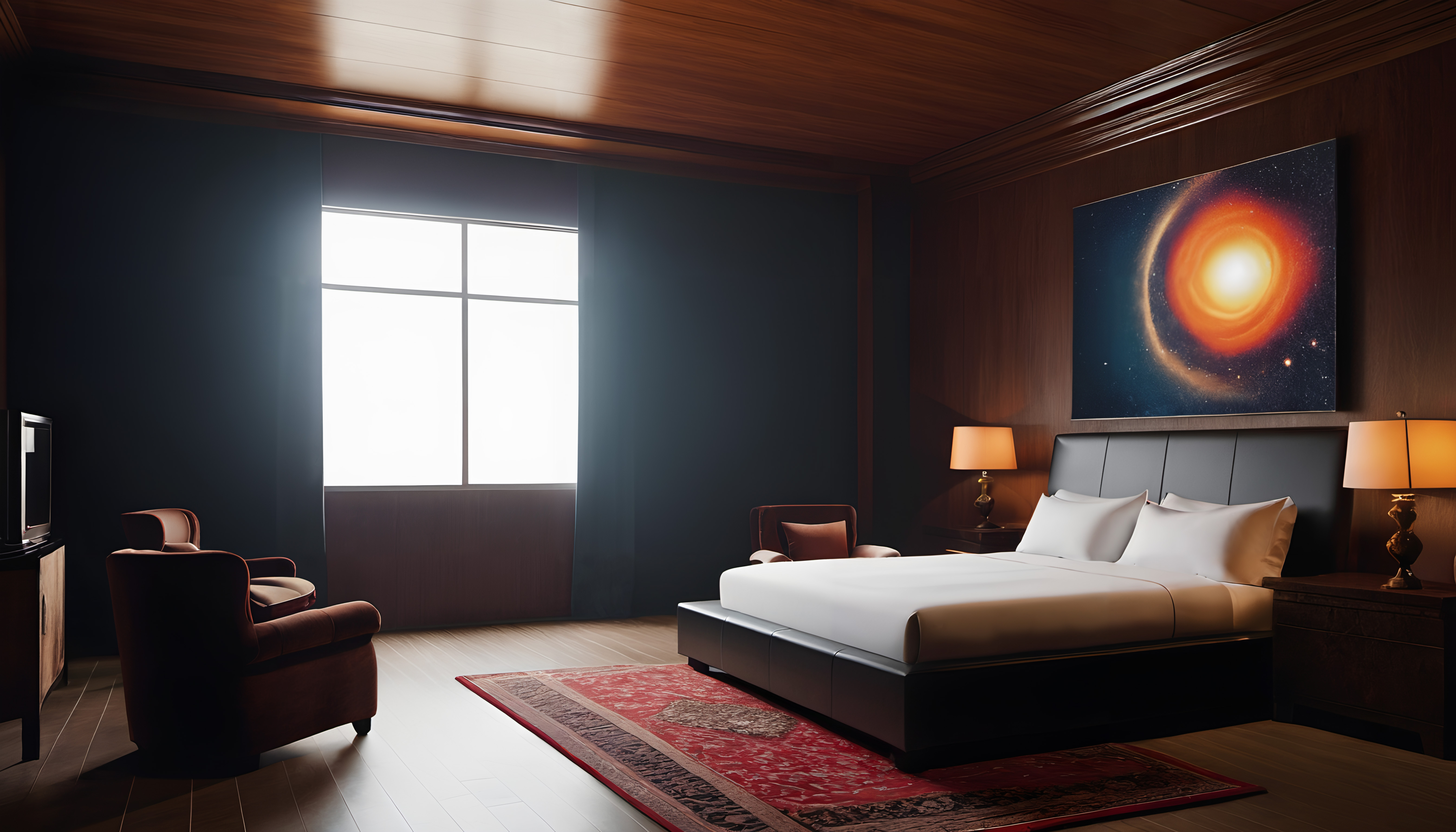A luxury bedroom with modern design, featuring a large bed, cosmic artwork, and warm wooden accents.