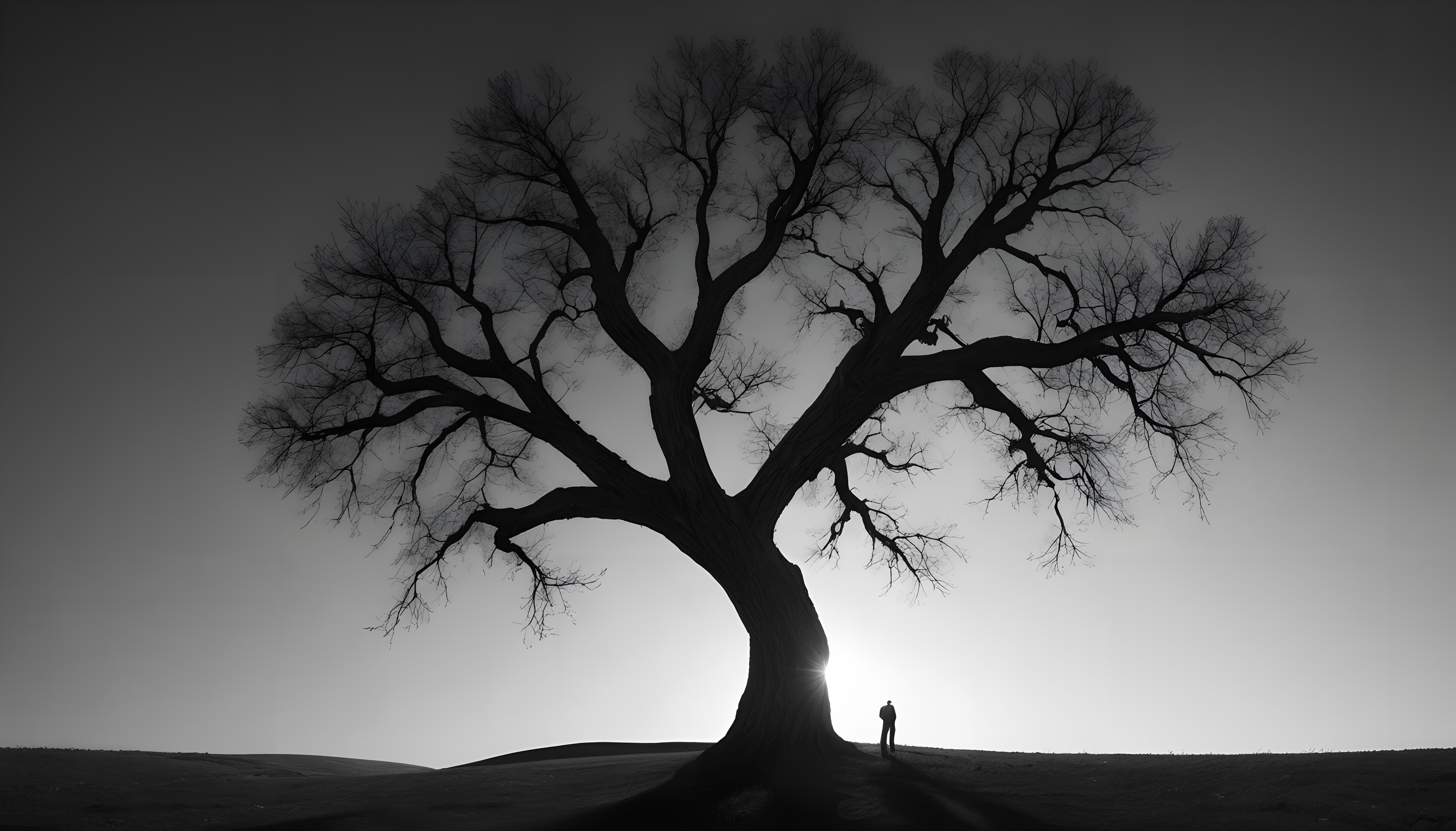 A large silhouetted tree stands against a twilight sky with a lone figure visible at its base.