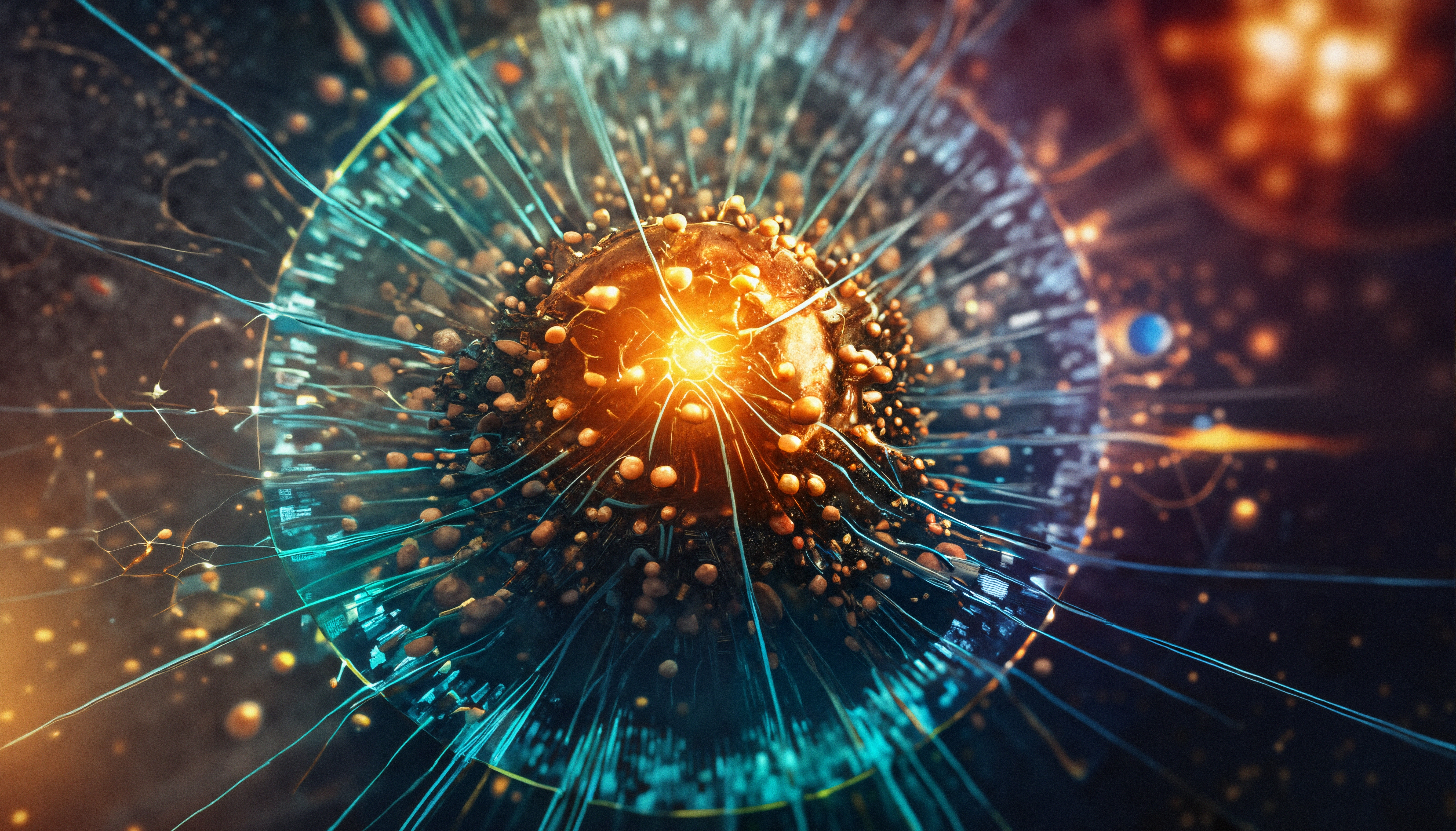 Vibrant depiction of cell structure with glowing center.