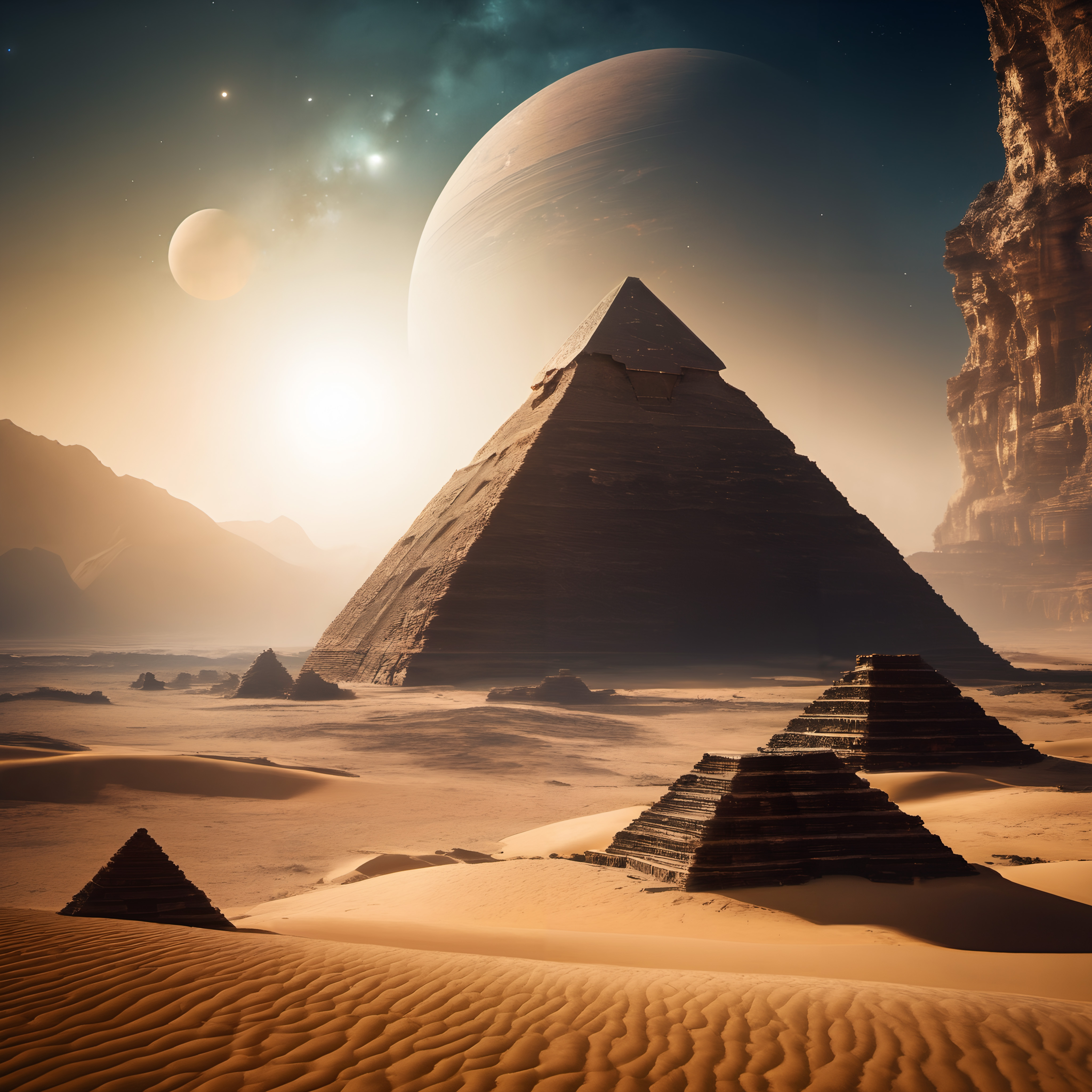 A mystical desert with pyramids and celestial bodies overhead.