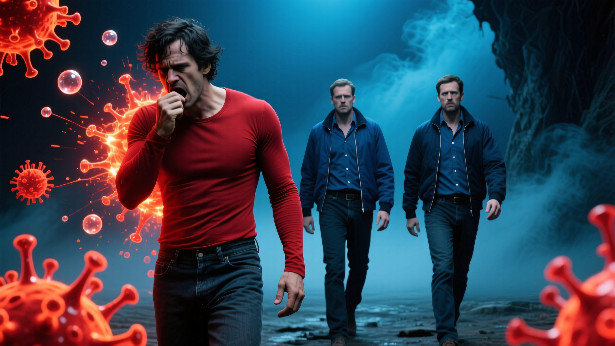 A man in a red shirt coughing with floating viruses, set in a dark, misty environment.
