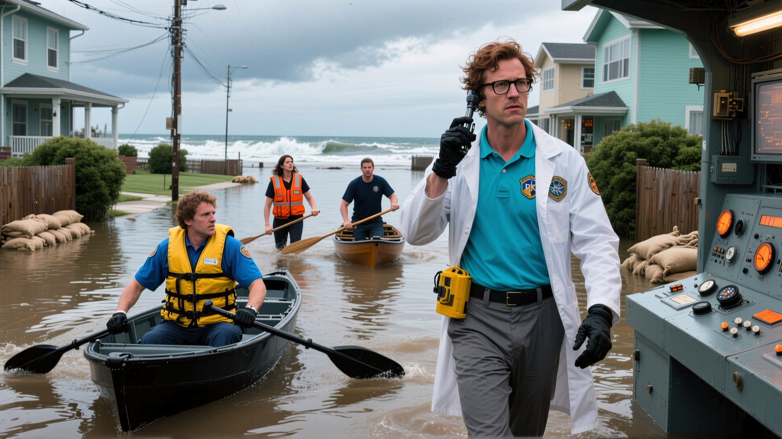 Responders in boats navigate a flooded neighborhood, emphasizing teamwork and safety amid ocean-driven floods.