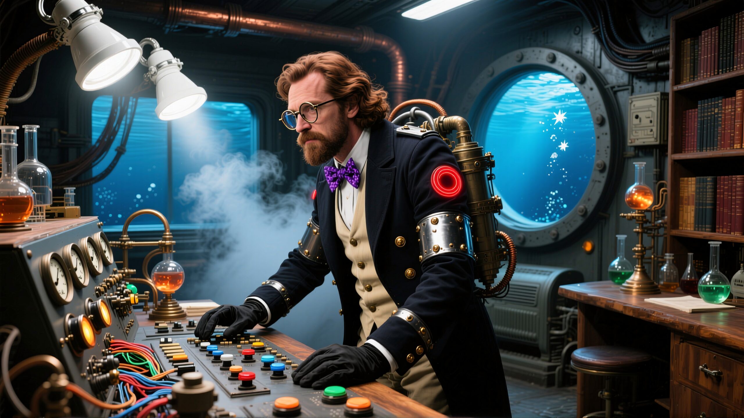 Scientist operating submarine control panel in steampunk lab.