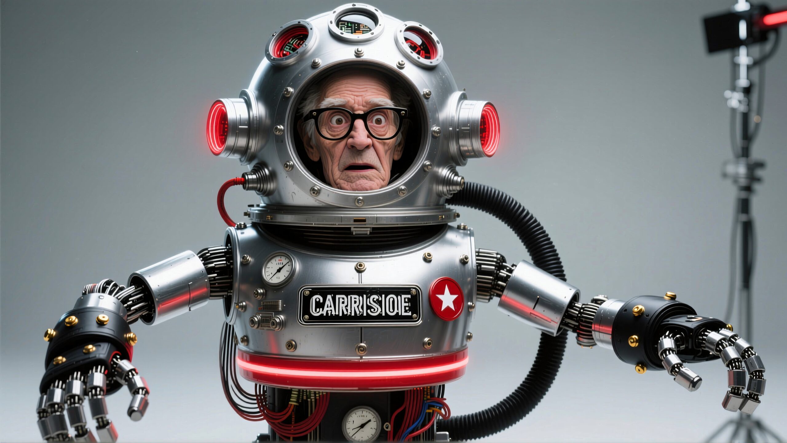 Elderly man in a vintage robotic suit expresses surprise.