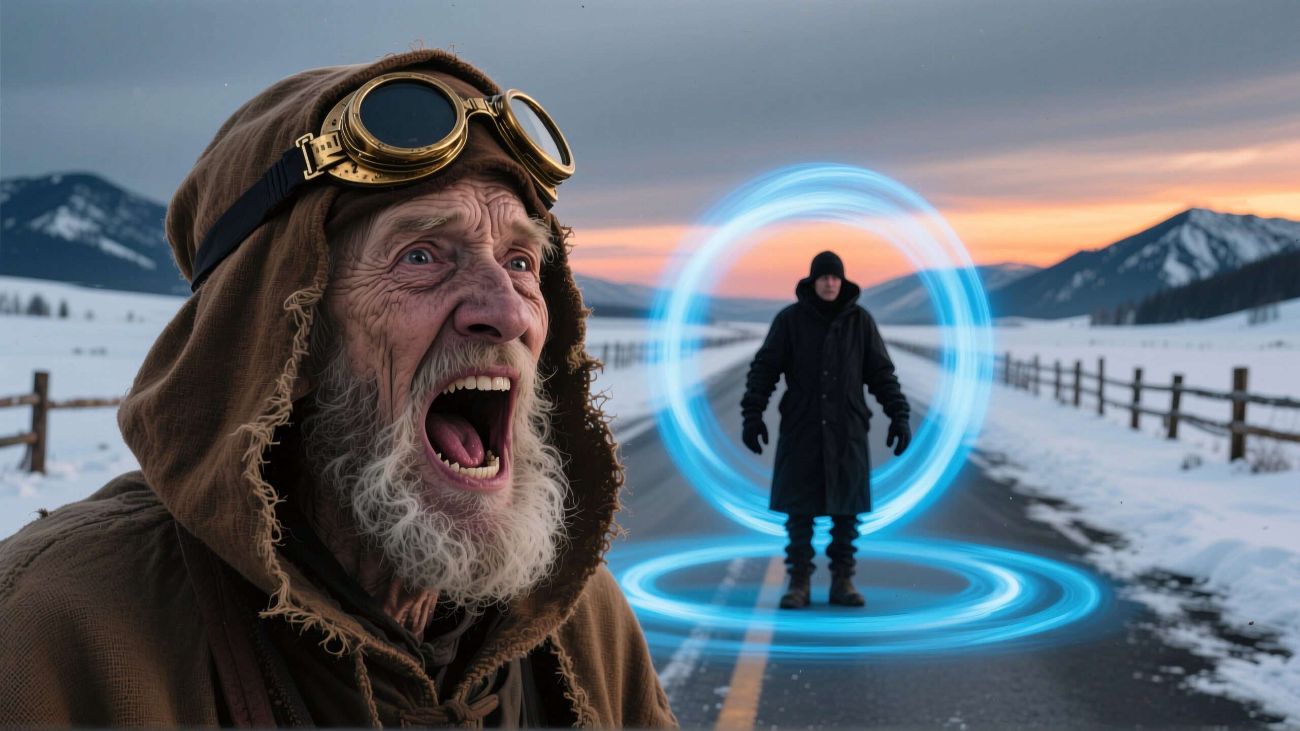 An elderly man reacts with fear as a figure stands encircled by a glowing portal in a snowy mountain landscape at sunset.