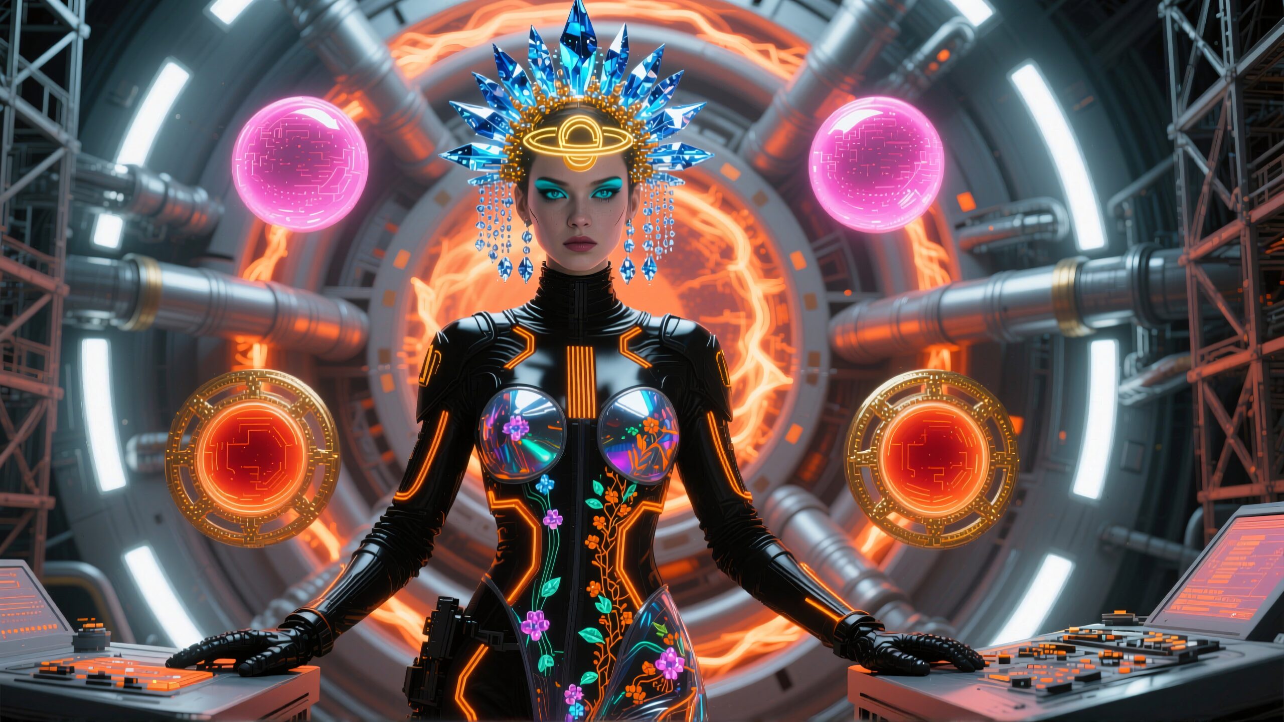 A futuristic woman with a glowing headpiece interacts with advanced technology in a high-tech control room.