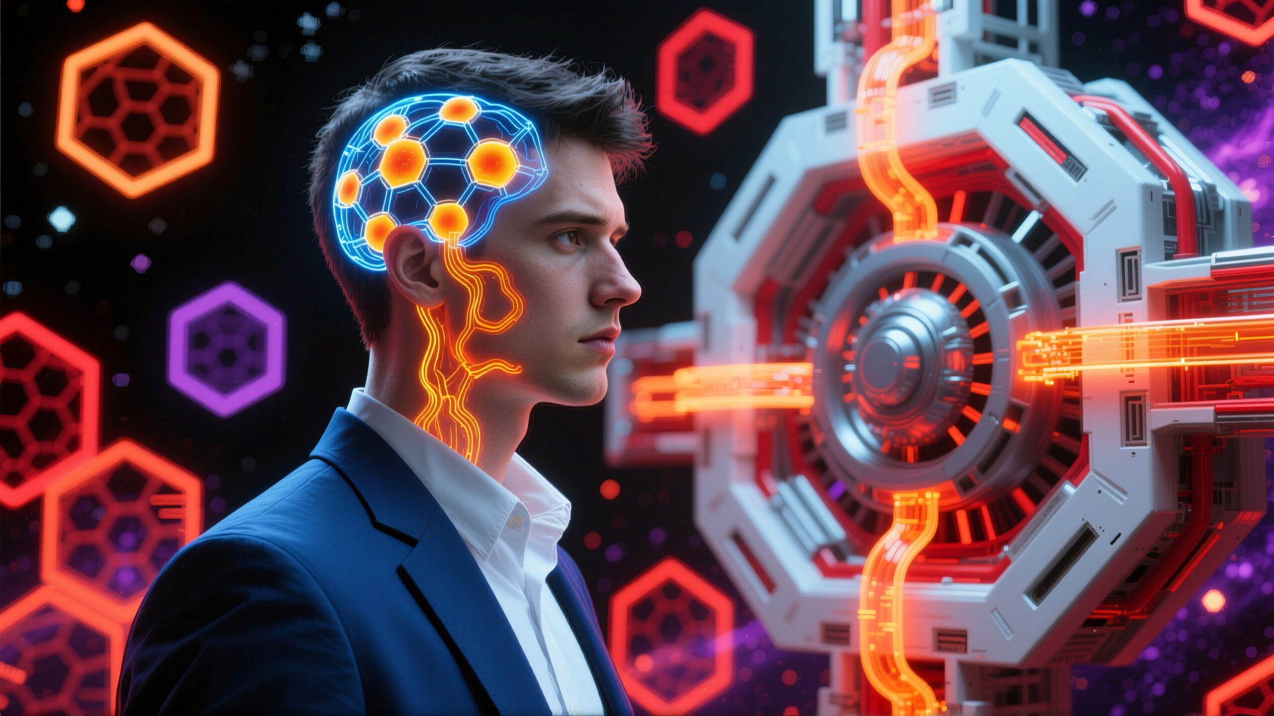 Young man connected to futuristic device with digital brain interface.