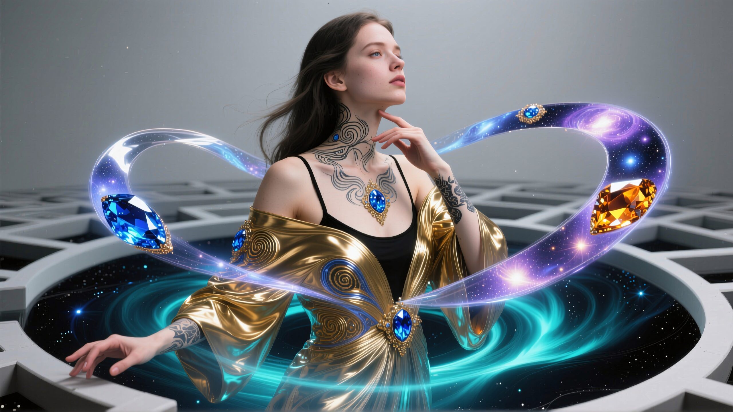 A mystical woman adorned in gold, surrounded by cosmic energy and sparkling gems, in a futuristic setting.