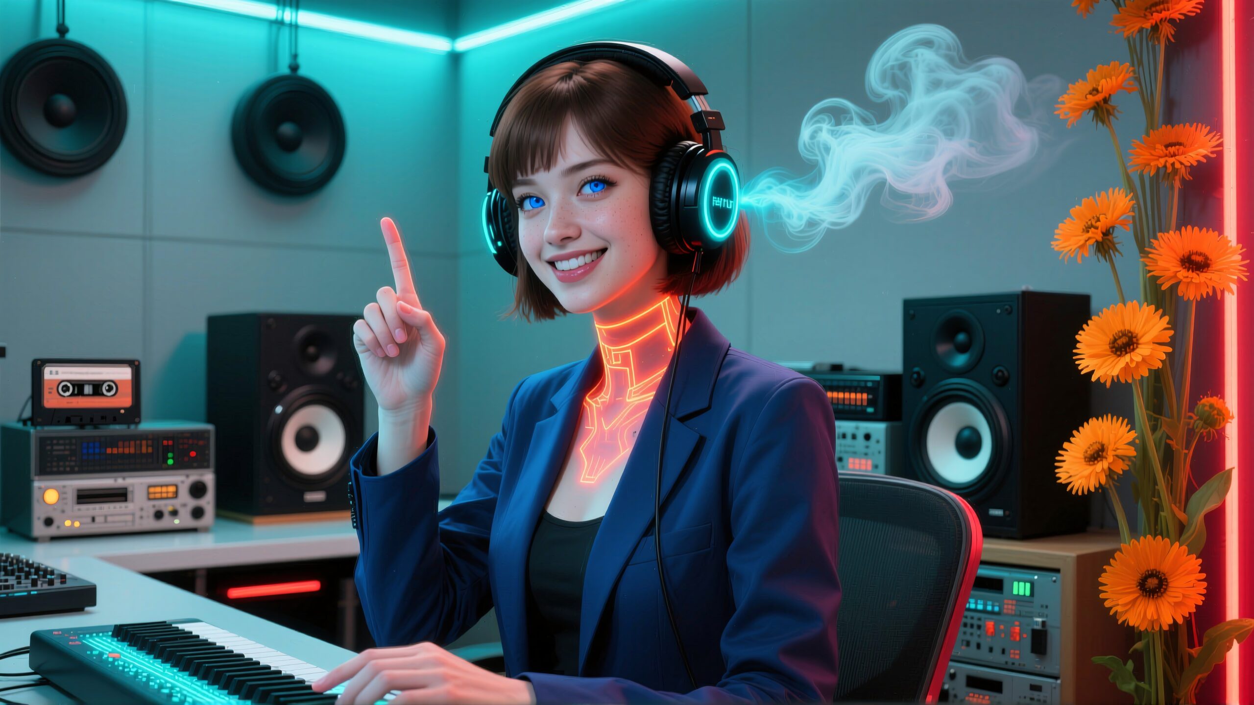 A futuristic musician in a high-tech studio with glowing headphones and vibrant orange flowers.