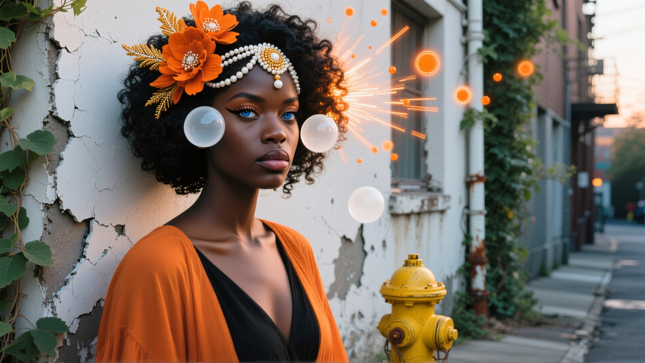 A woman with an afro and floral headpiece stands against an urban wall surrounded by artistic bubbles, blending natural beauty with street elements.
