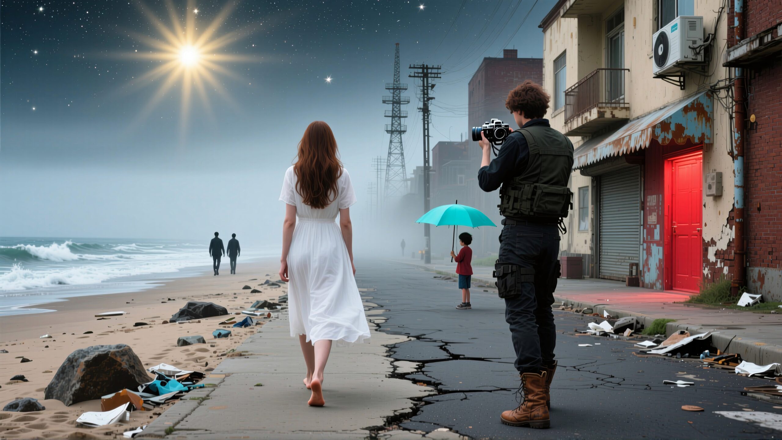 A woman walks by the ocean under a starry sky as a photographer captures the surreal scene.