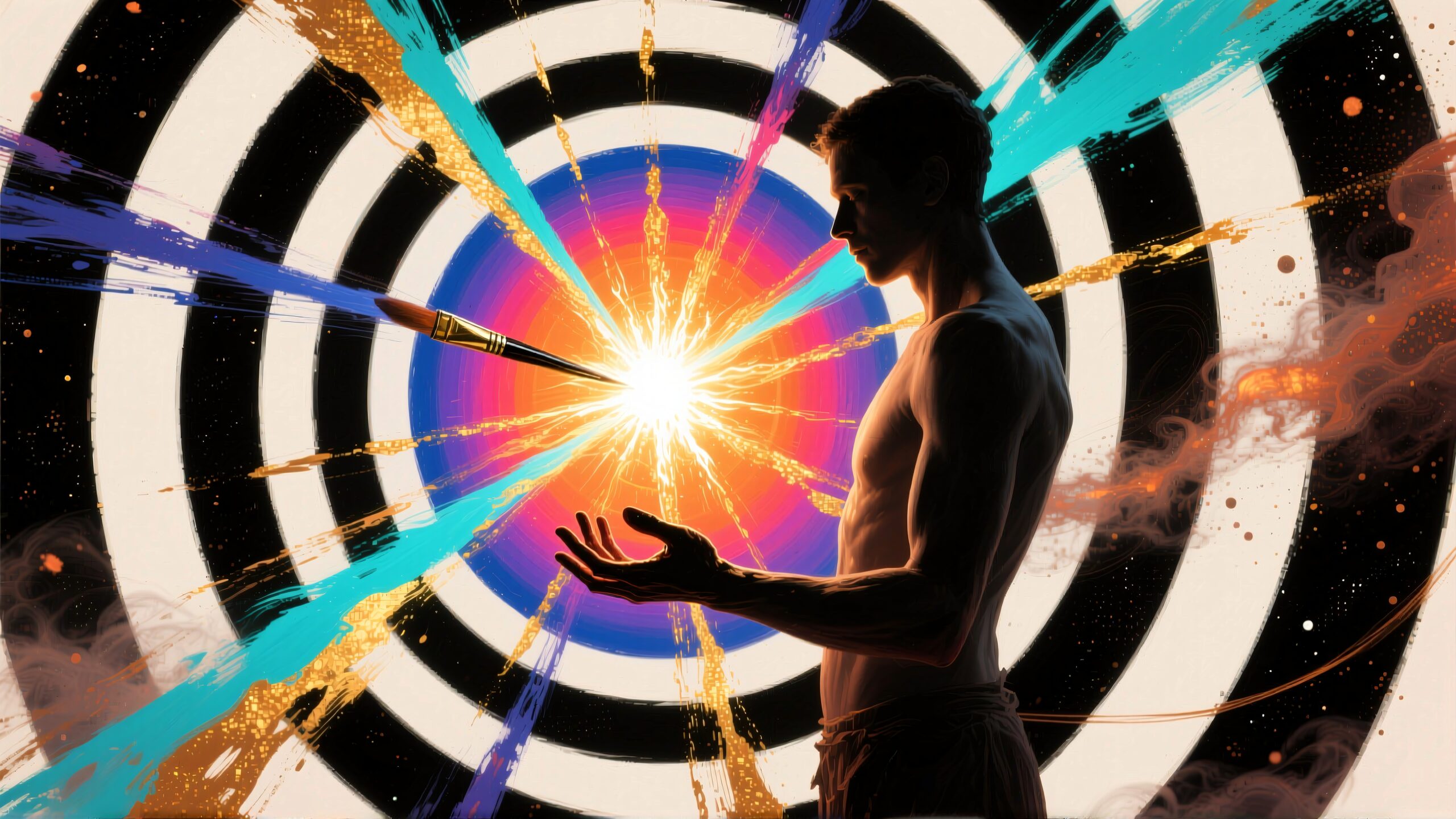 Silhouetted figure with vibrant concentric energy burst.