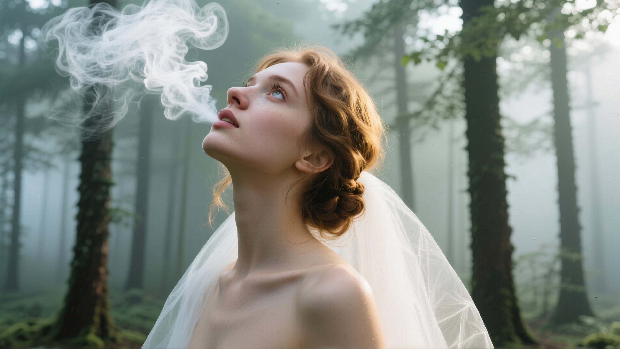 A woman exhales mist in a foggy forest, conveying ethereal beauty and tranquility.